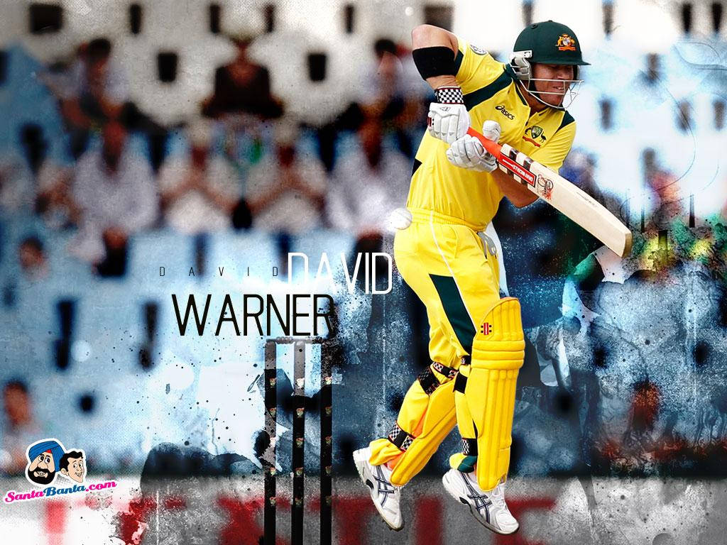 Warner 桌布 壁紙 — 板球運動員大衛·沃納身穿黃色裝備，在風格化的人群背景中揮桿。