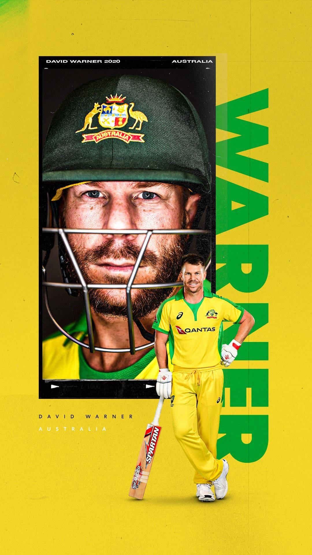 australia cricket 桌布 壁紙 — 板球運動員大衛·華納戴著綠色頭盔、身穿黃色制服，在鮮明的黃色背景前手持球棒擺姿勢。