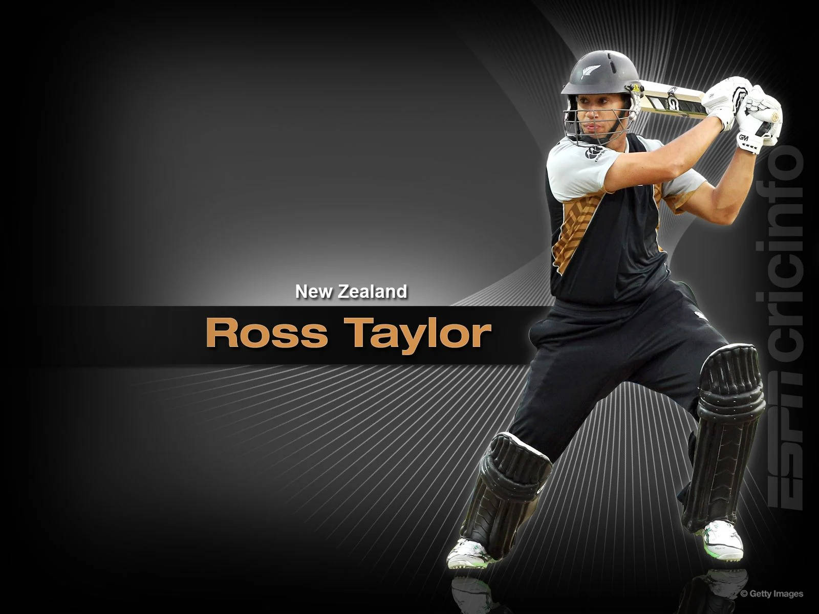 Ross Taylor 桌布 壁紙 — 板球運動員羅斯·泰勒身著全套擊球裝備，在動態的黑灰背景和放射線條中擺出揮棒姿勢。