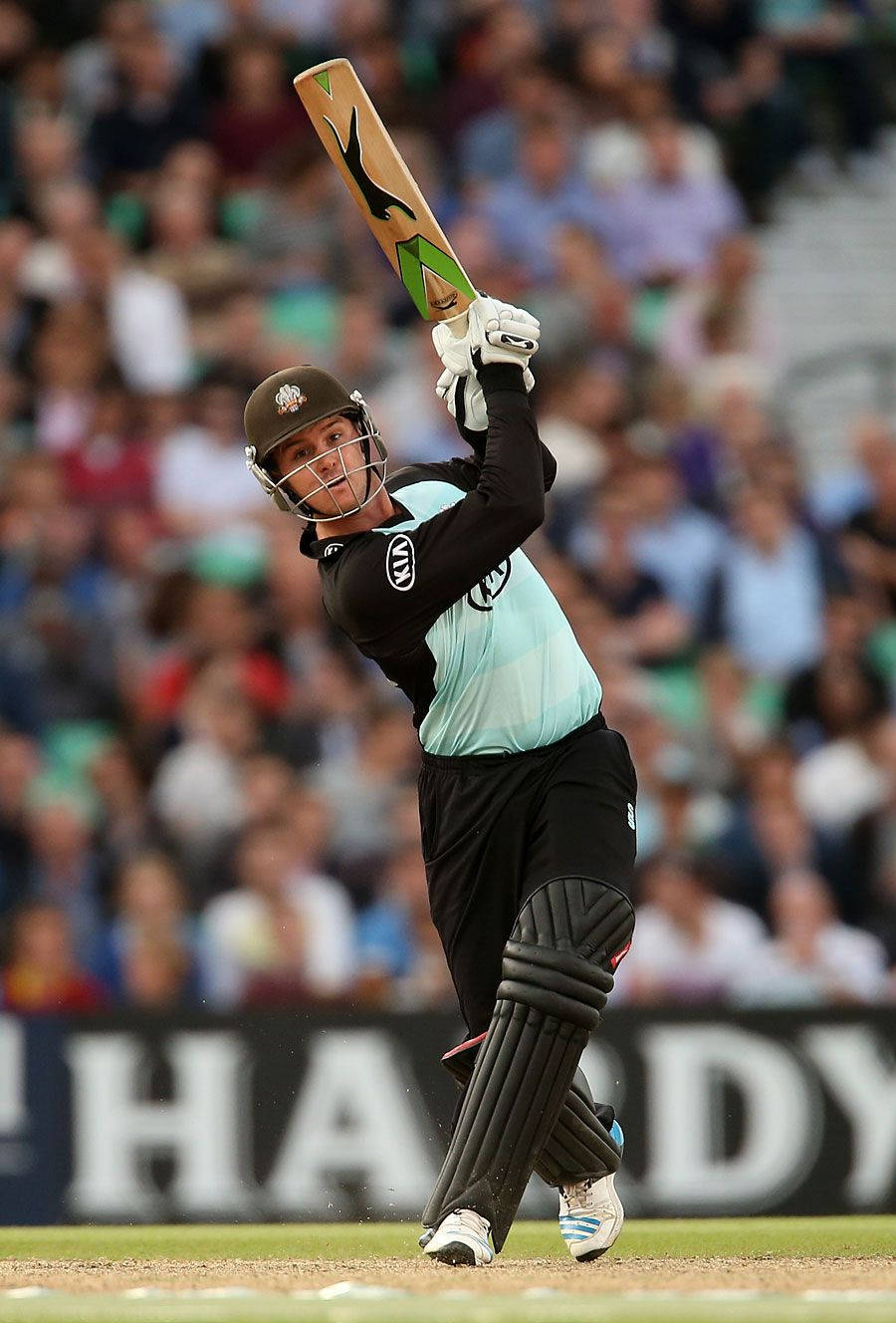 jason 桌布 壁紙 — 板球運動員身穿淺藍色和黑色制服，在比賽中高揮球棒，背景是模糊的人群。