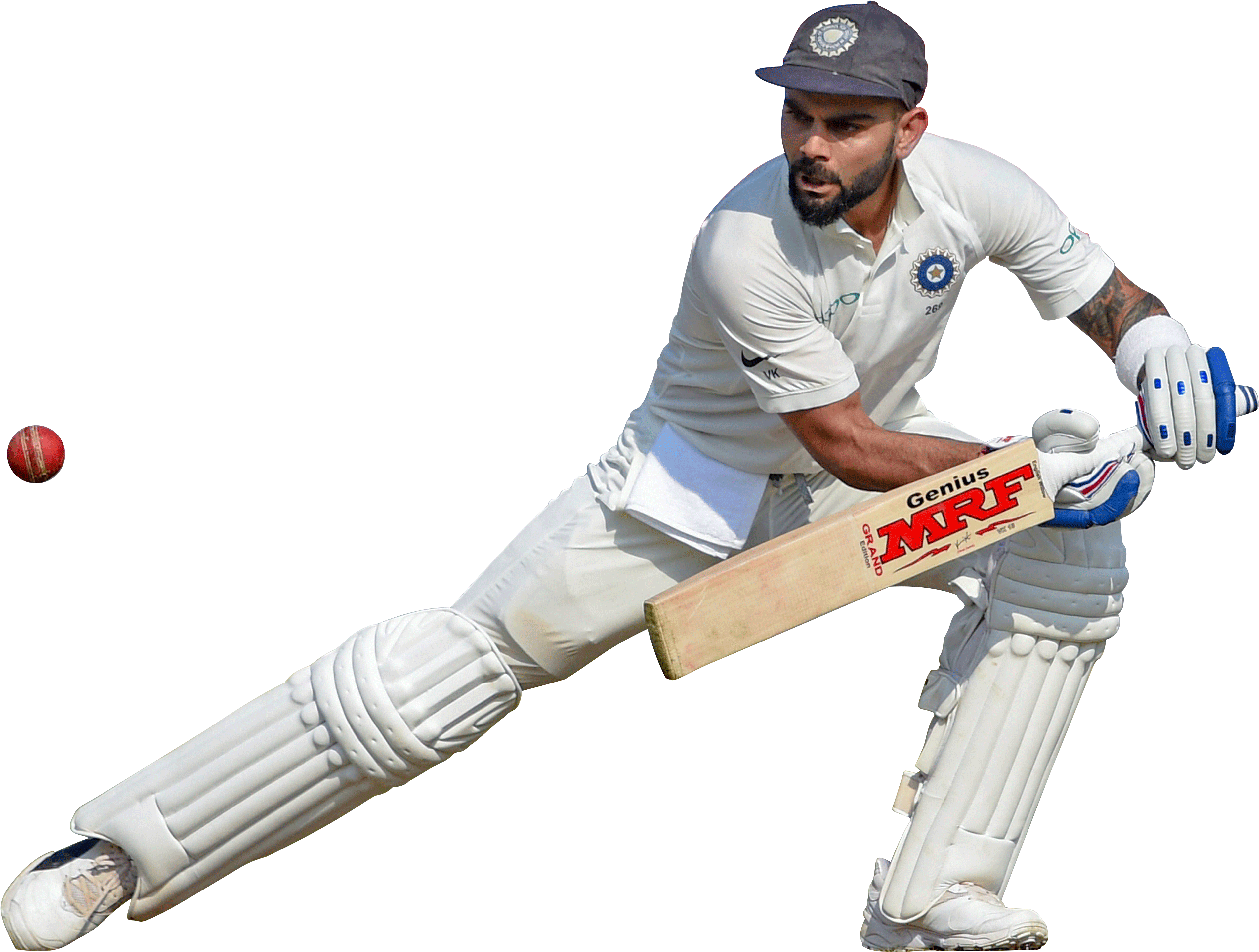 Cricket 桌布 壁紙 — 板球運動員身穿白色制服，在黑色背景下揮動球棒擊打紅色球。