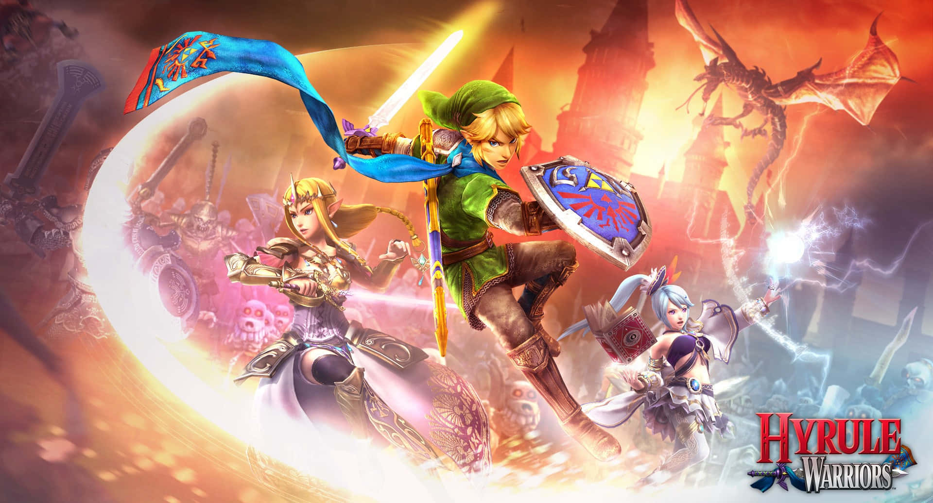 The Legend Of Zelda Hyrule 桌布 壁紙 — 林克、薩爾達和一名法師在燃燒的廢墟中與巨龍戰鬥，呈現出動態的奇幻動作場景。