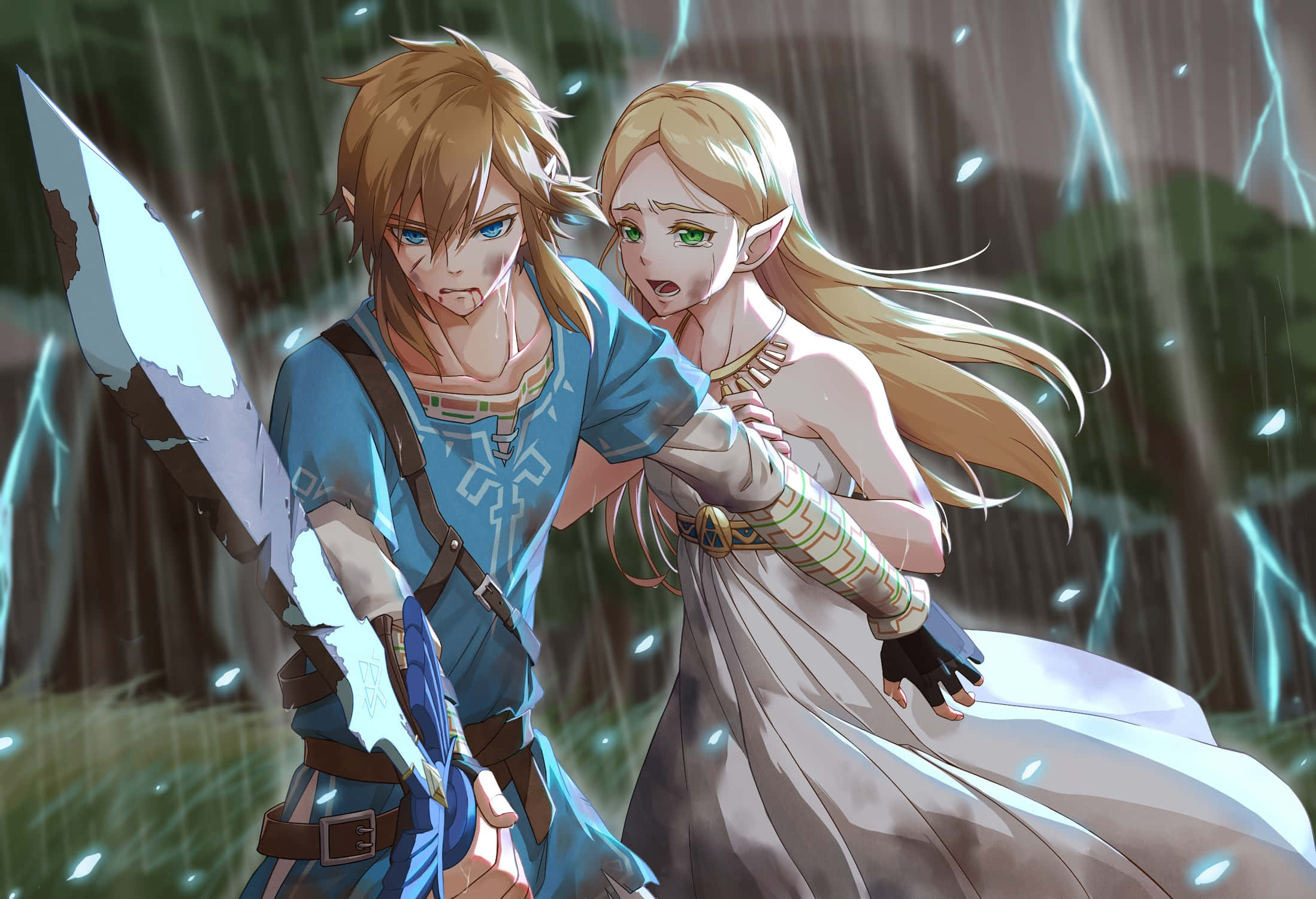 The Legend Of Zelda Characters 桌布 壁紙 — 林克和薩爾達一起站在暴風雨的森林中，林克握著一把斷劍，雨水和閃電在他們周圍閃爍。