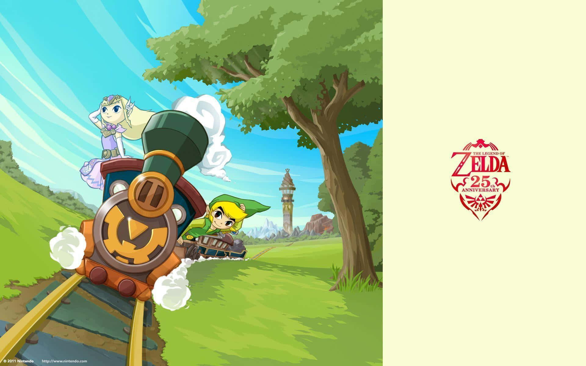 Toon Link 桌布 壁紙 — 林克和薩爾達乘坐蒸汽火車，在晴朗的藍天下穿過充滿活力的綠色鄉村。
