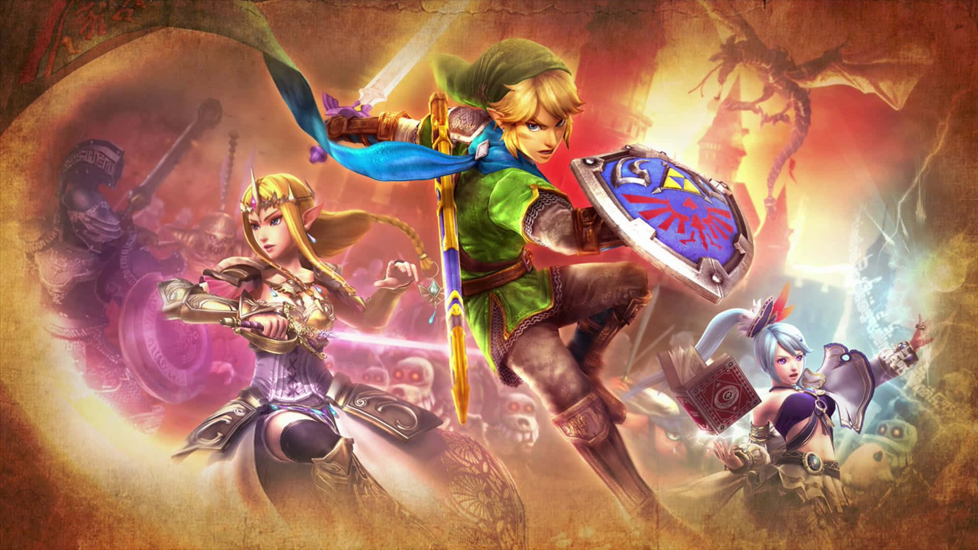 The Legend Of Zelda Hyrule 桌布 壁紙 — 林克和薩爾達以動態戰鬥姿勢揮舞劍和盾牌，在熾熱的幻想競技場中對抗黑暗敵人。