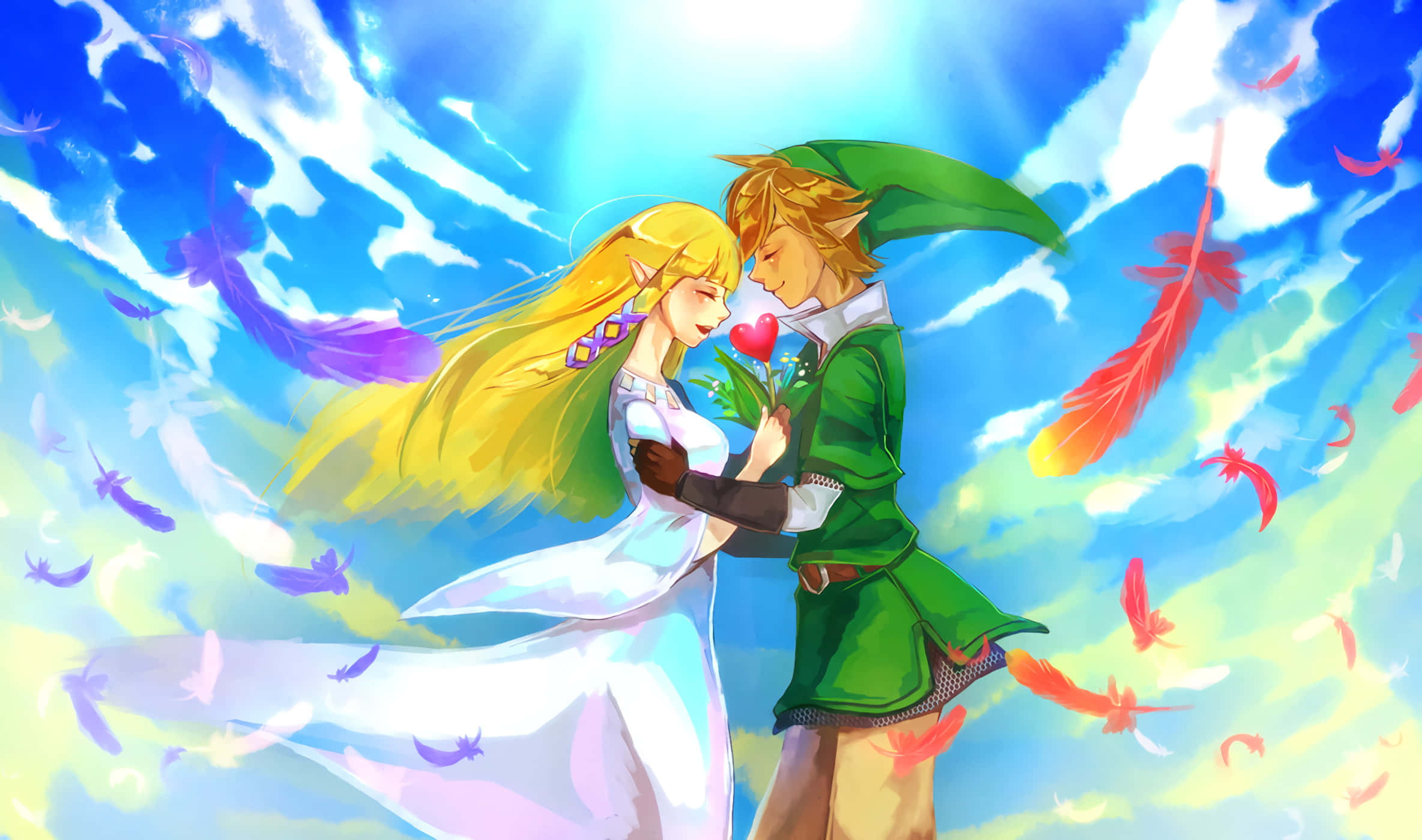 The Legend Of Zelda Skyward Sword 桌布 壁紙 — 林克和薩爾達在充滿活力的天空下溫柔擁抱，色彩繽紛的羽毛在他們周圍旋轉。
