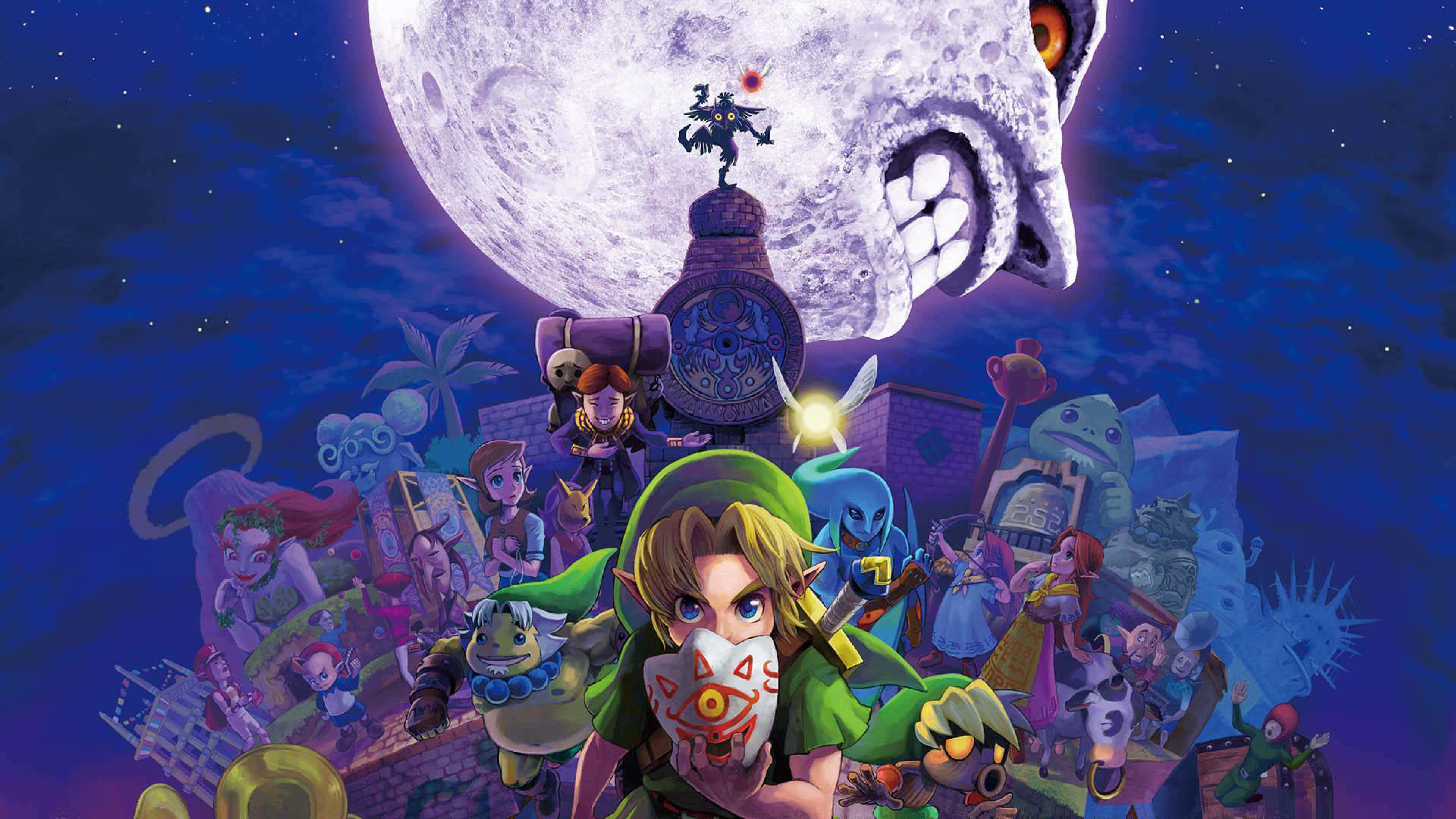 The Legend Of Zelda Characters 桌布 壁紙 — 林克和薩爾達的盟友聚集在一個巨大的骷髏月亮下，呈現出充滿活力的奇幻場景。