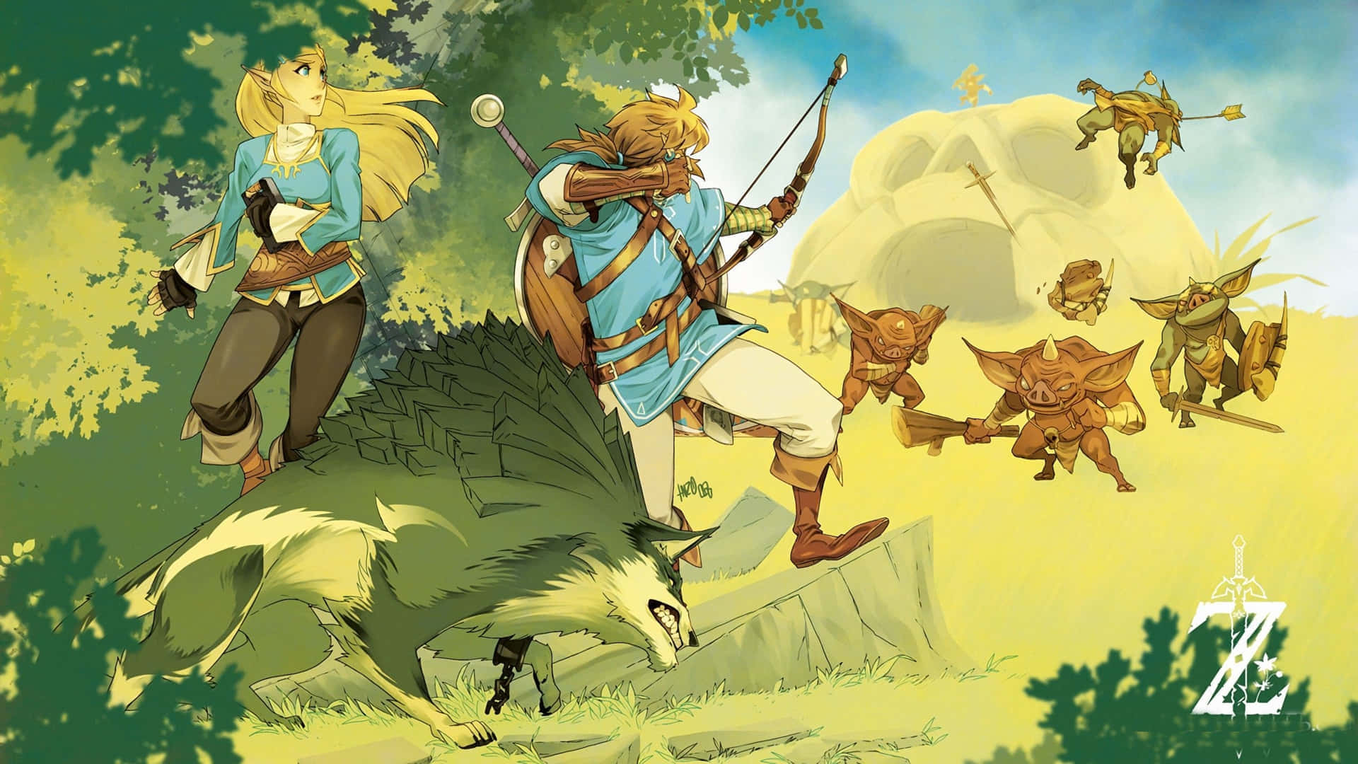 Botw 桌布 壁紙 — 林克和薩爾達站在懸崖頂上，有一隻狼，敵人在下方衝鋒，一幅充滿活力的奇幻插圖。
