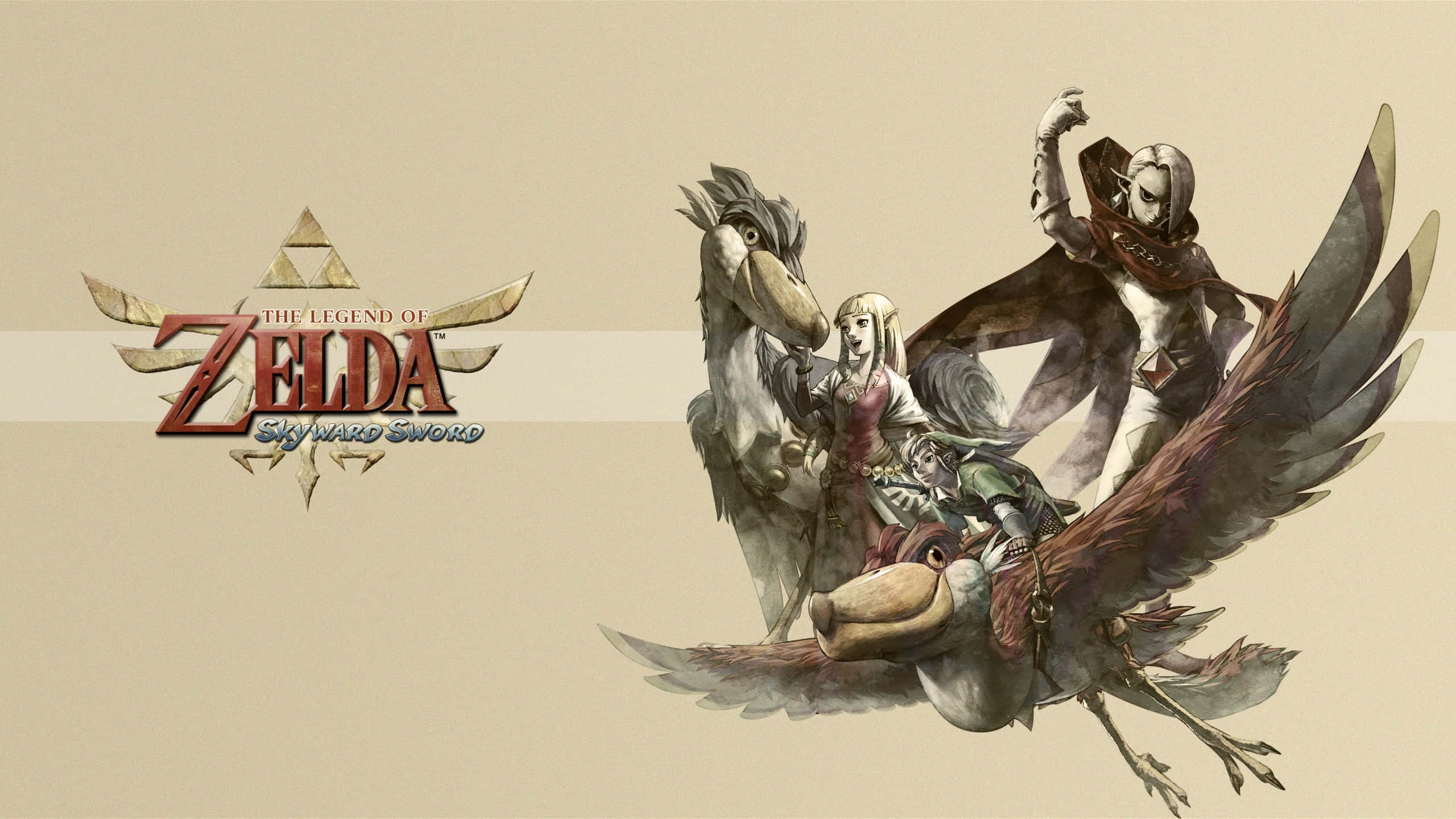 The Legend Of Zelda Skyward Sword 桌布 壁紙 — 林克和薩爾達騎著一匹有翼的馬穿過米色天空，左側有《薩爾達傳說 天空之劍》標誌。