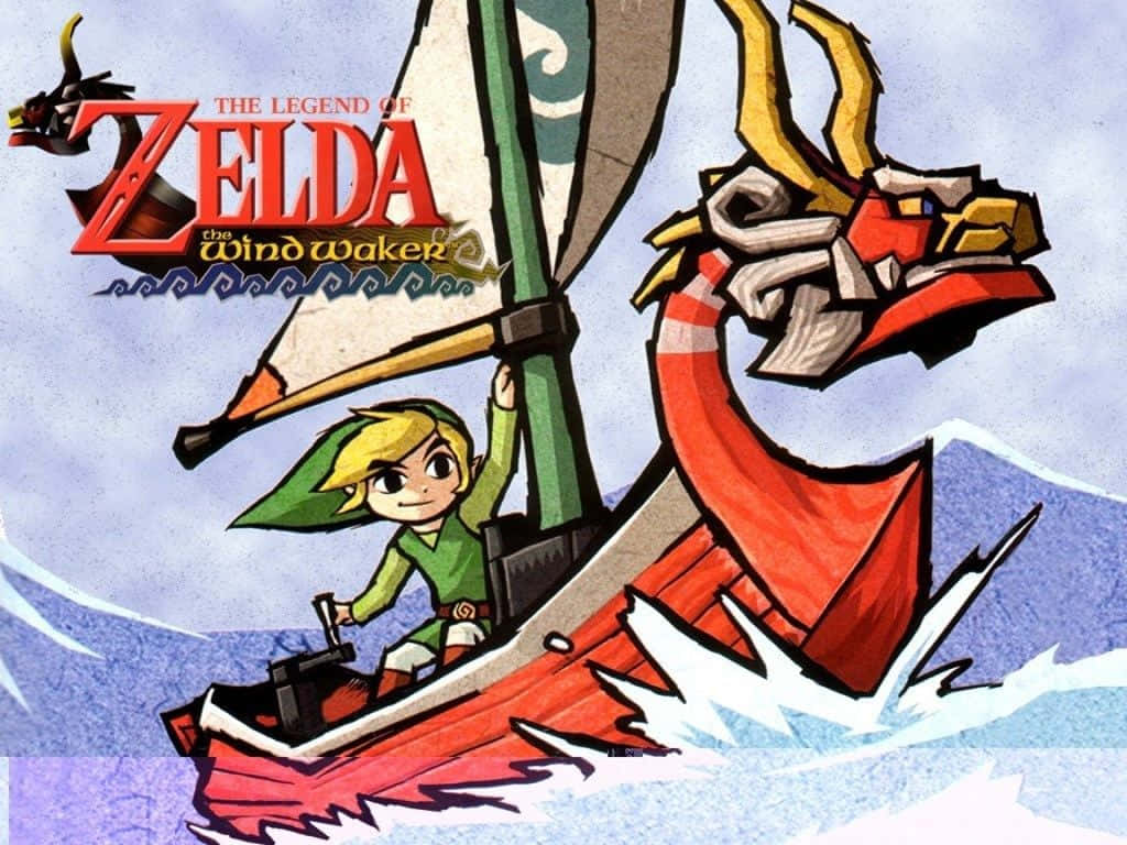 The Legend Of Zelda The Wind Waker 桌布 壁紙 — 林克在《薩爾達傳說 風之律動》中駕駛他的紅色龍頭船穿過藍色波浪。
