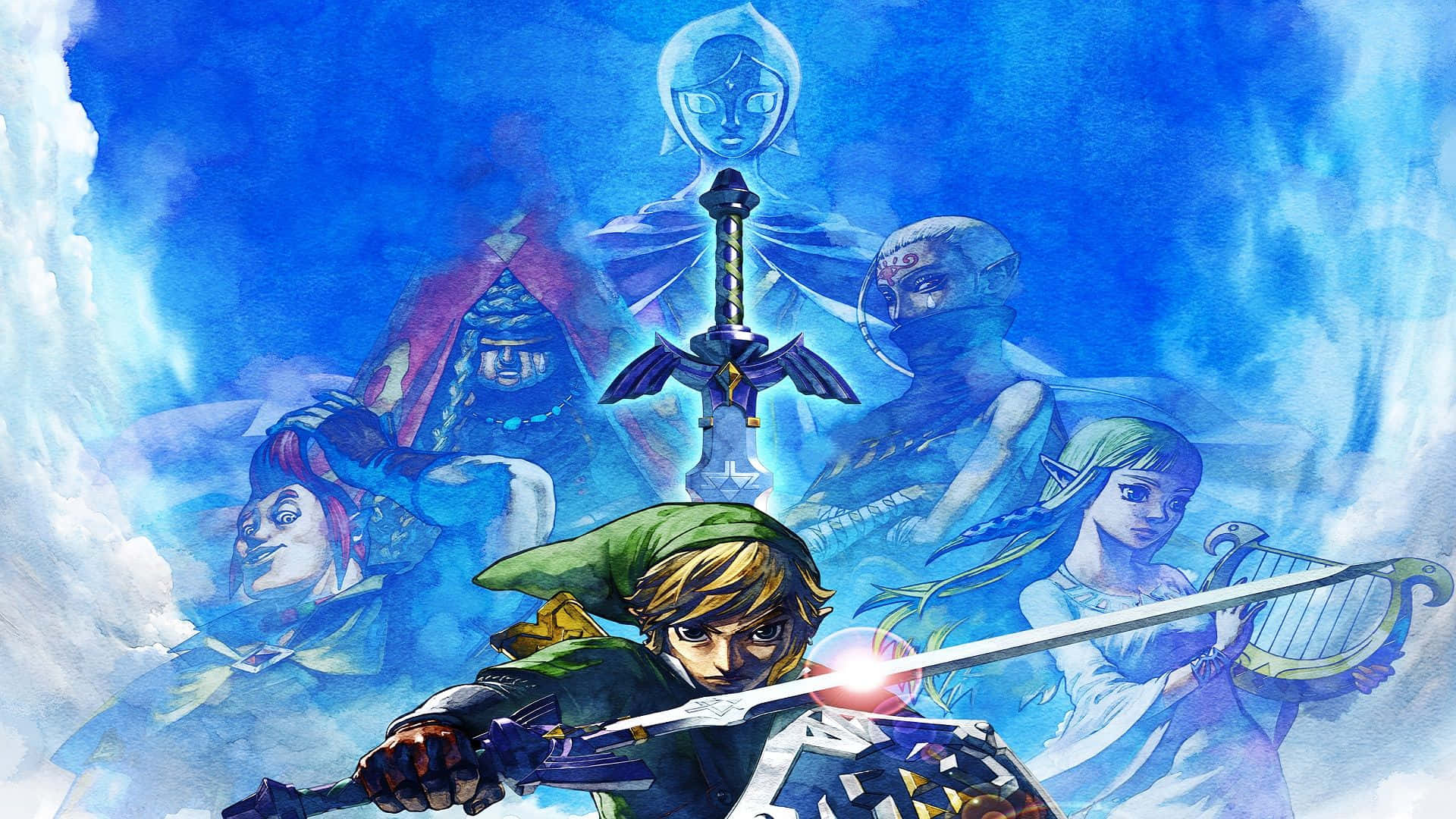 The Legend Of Zelda Skyward Sword 桌布 壁紙 — 林克在神秘的藍天下揮舞著發光的劍，周圍有虛幻的人物和一把懸浮的劍。
