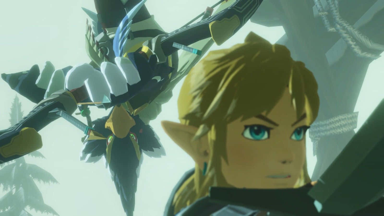The Legend Of Zelda Revali 桌布 壁紙 — 林克在迷霧森林中面對一個發光的眼睛和鋒利刀片的機械敵人。