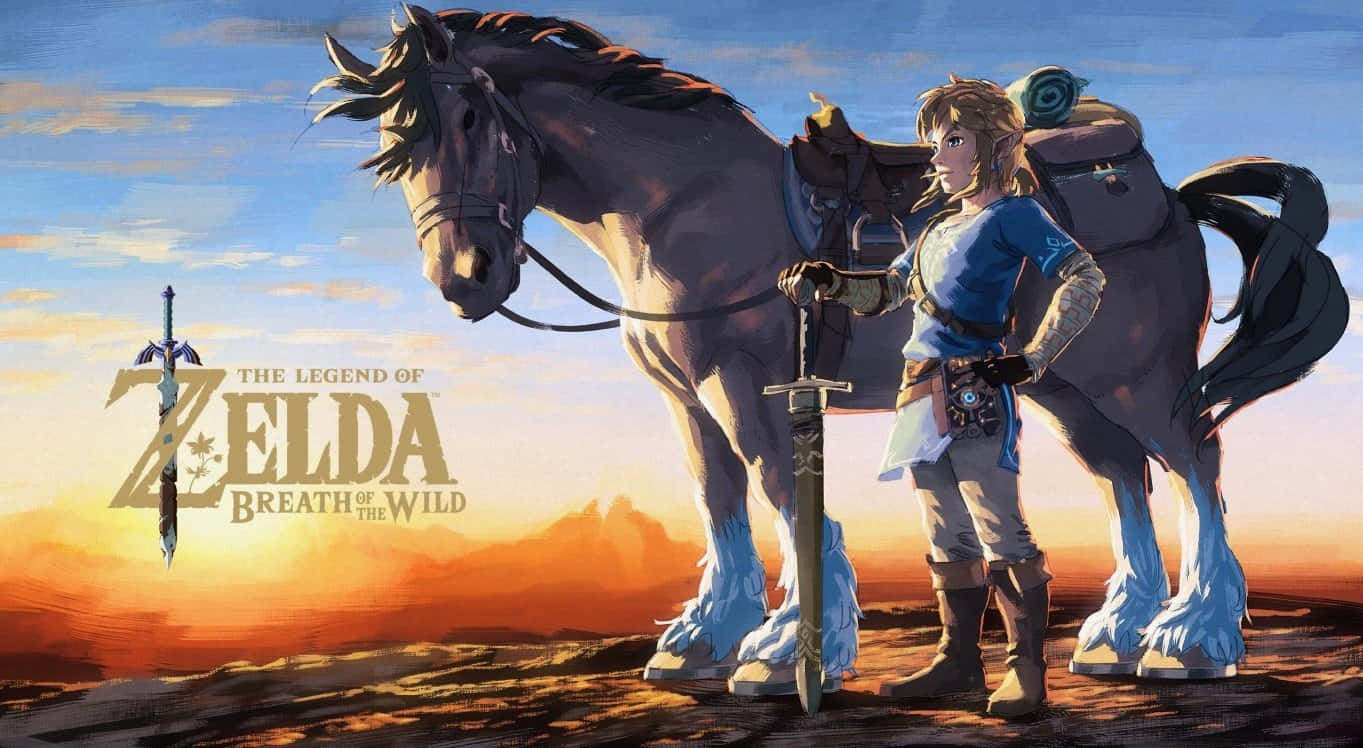 The Legend Of Zelda Epona 桌布 壁紙 — 林克站在他的馬旁邊，手持劍，背景是夕陽天空，並有遊戲標題標誌。
