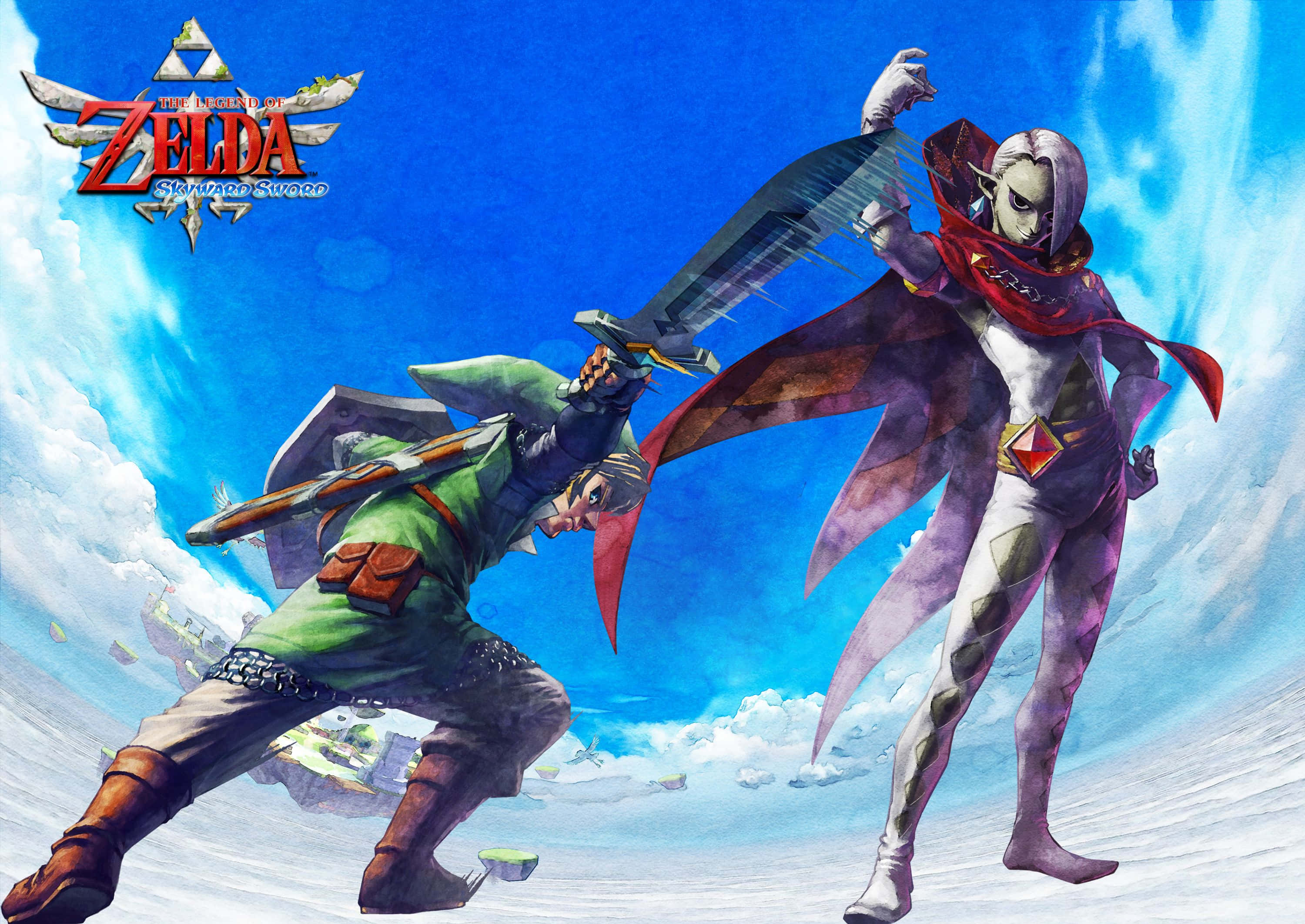 The Legend Of Zelda Skyward Sword 桌布 壁紙 — 林克與加儂多夫在明亮的藍天、蓬鬆的雲朵和下方浮島的背景下於空中交鋒。