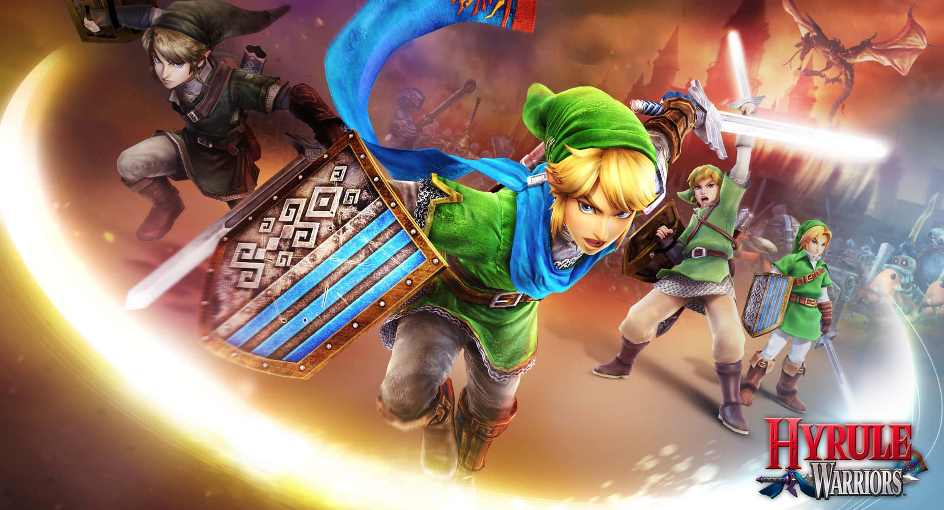 The Legend Of Zelda Hyrule 桌布 壁紙 — 林克與盟友在《薩爾達無雙》中以動態戰鬥姿勢揮舞劍盾，衝鋒向前，背景是熾熱的火焰。