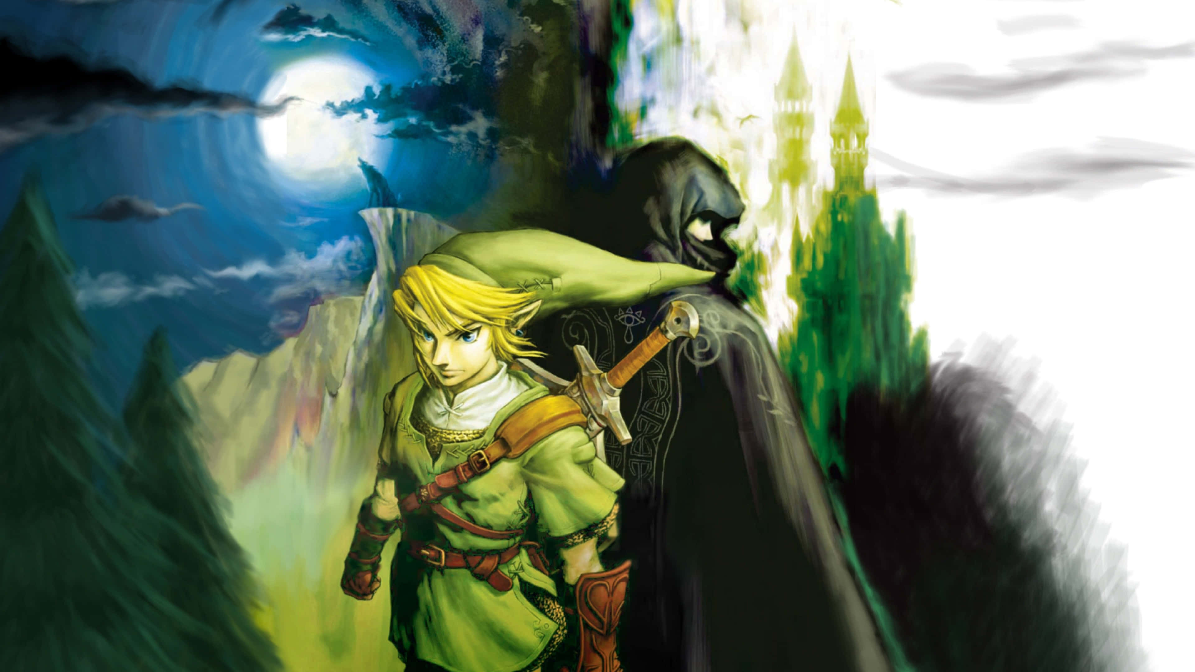 The Legend Of Zelda Characters 桌布 壁紙 — 林克身穿綠色束腰外衣，在滿月下堅定地面對一個陰影人物，遠處有城堡在發光。