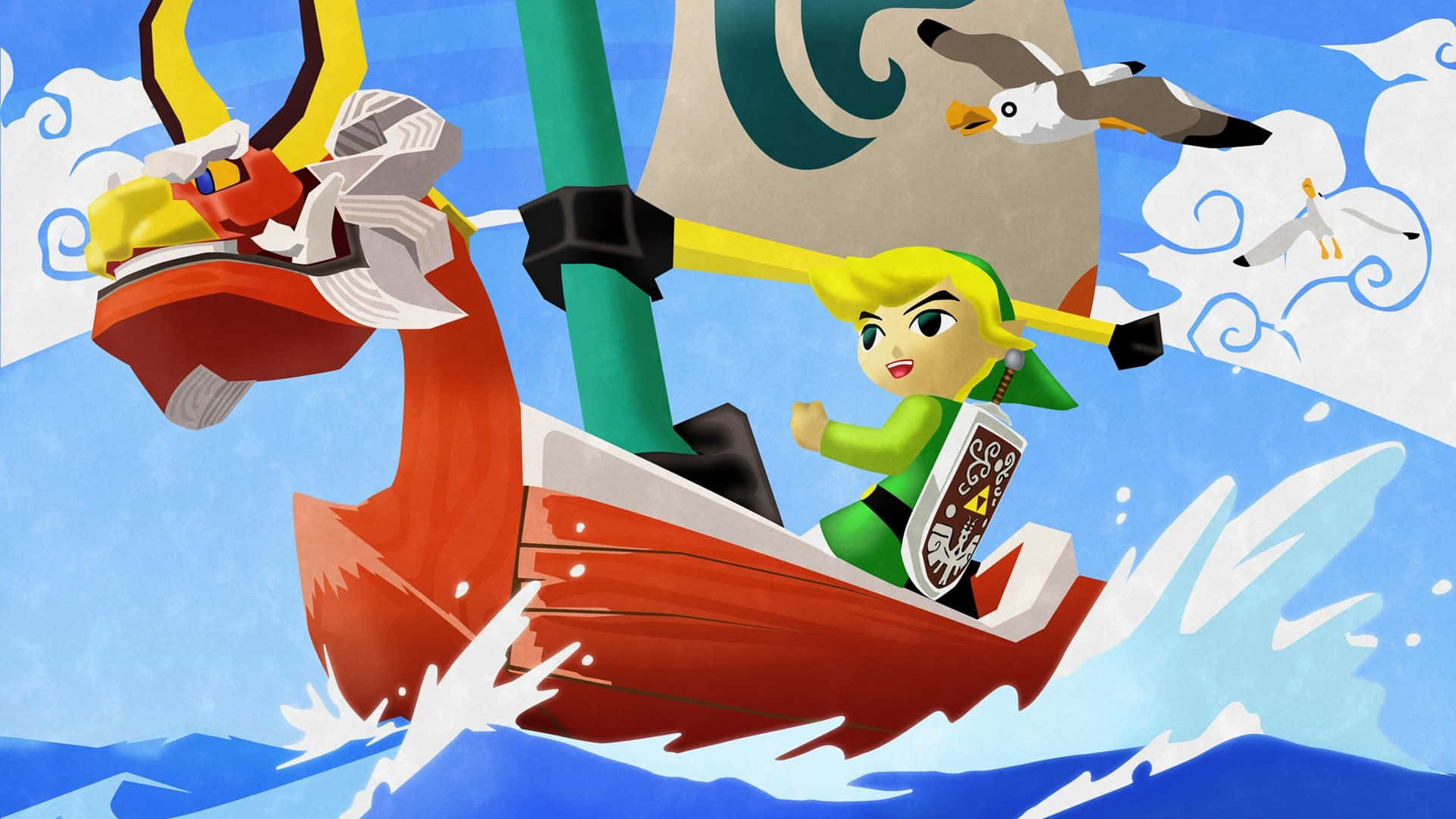 The Legend Of Zelda The Wind Waker 桌布 壁紙 — 林克駕駛一艘紅色龍頭船穿過藍色波浪，海鷗在頭頂飛翔。