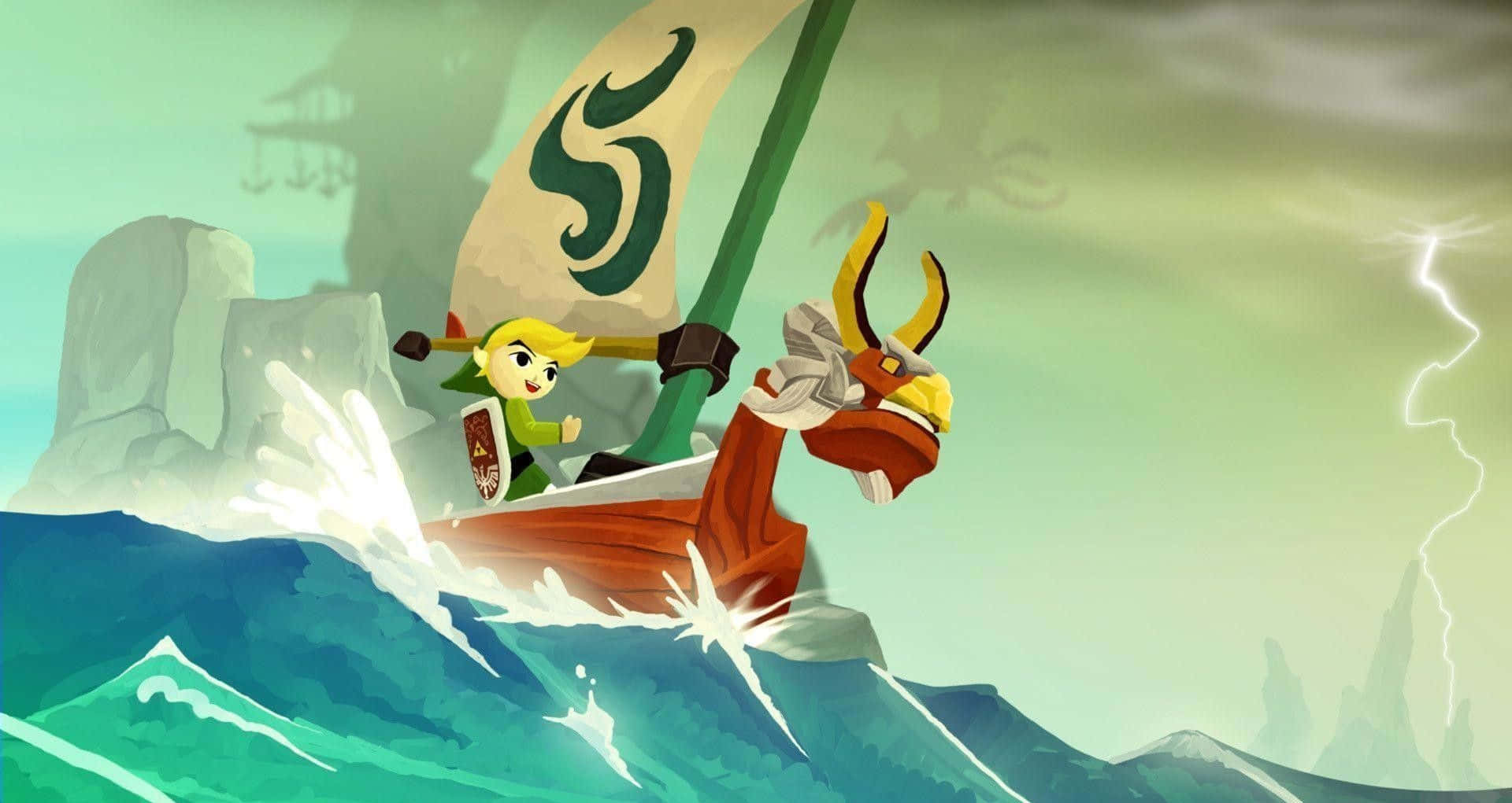The Legend Of Zelda The Wind Waker 桌布 壁紙 — 林克駕駛龍頭船穿過風暴中的青綠色海浪，閃電在霧濛濛的天空中劈啪作響。