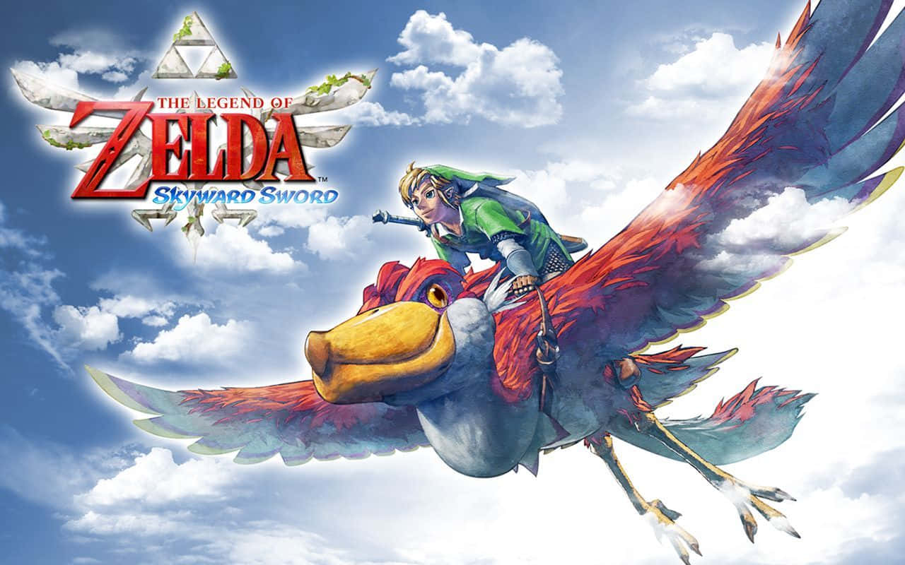 The Legend Of Zelda Skyward Sword 桌布 壁紙 — 林克騎著一隻紅藍相間的Loftwing，在晴朗的藍天中翱翔，伴隨著蓬鬆的白雲。
