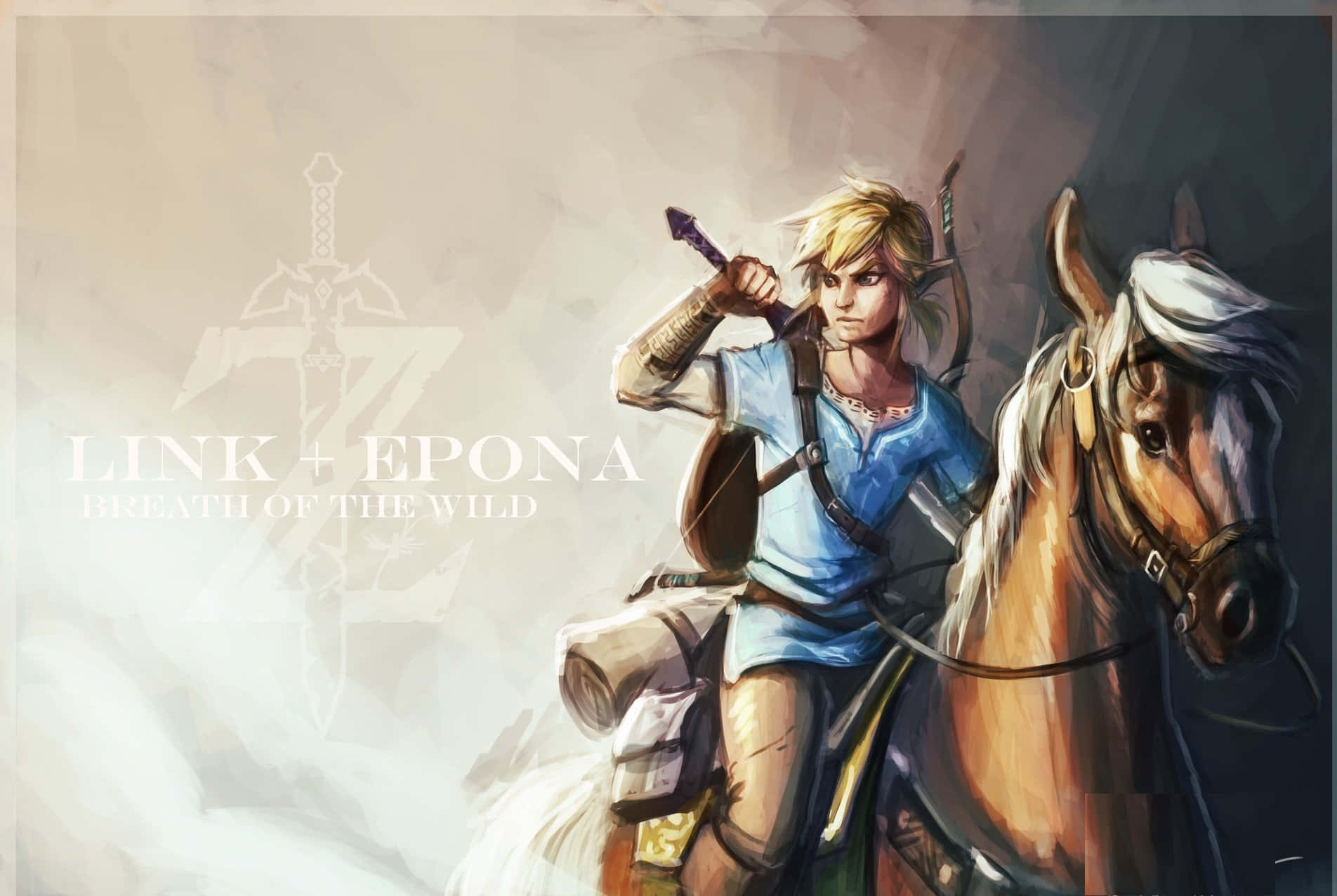 The Legend Of Zelda Epona 桌布 壁紙 — 林克騎著伊波娜揮舞劍的動態奇幻插圖，來自《曠野之息》。