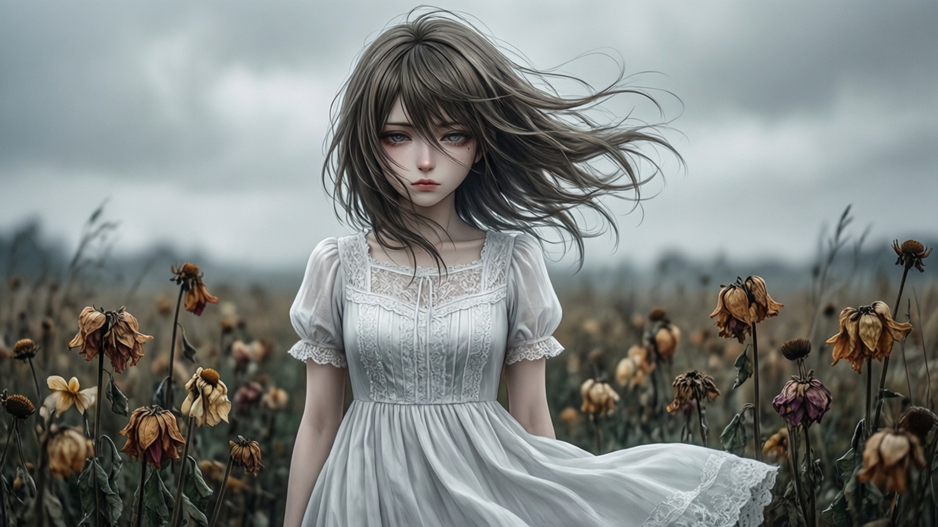 一位動漫少女站在枯萎的田野中，神情悲傷，風吹拂著她。