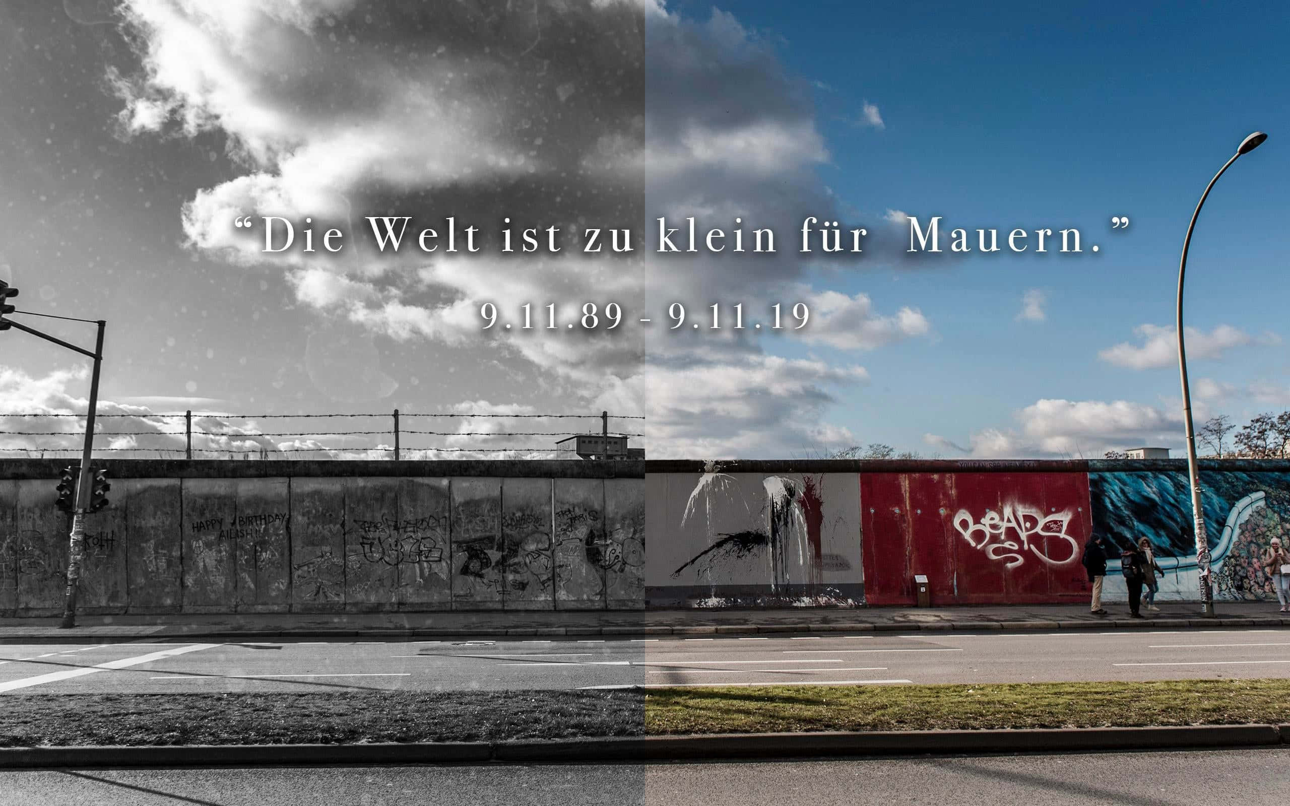 wall 桌布 壁紙 — 柏林圍牆的分割圖像，一半黑白一半彩色，顯示塗鴉和行人，並附有紀念其倒塌的德文文字。