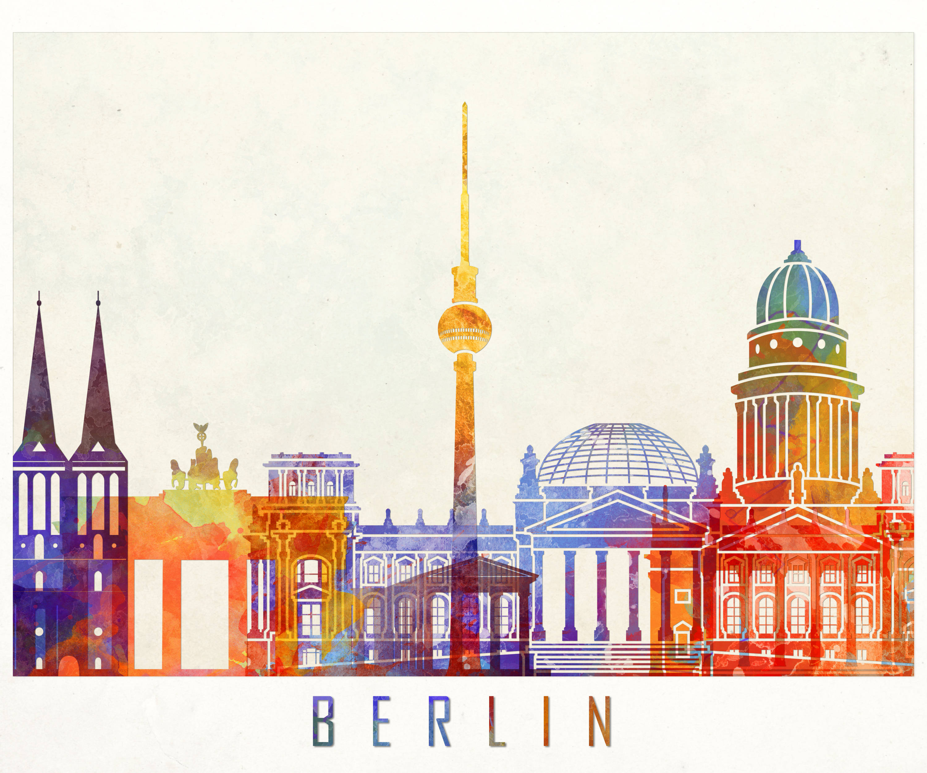 Berlin 桌布 壁紙 — 柏林天際線的鮮豔水彩插圖，以鮮明色彩描繪標誌性地標，背景為帶有紋理的米白色。