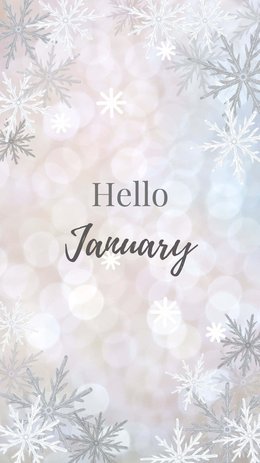一月 桌布 壁紙 — 柔和冬日主題桌布，銀色雪花框住文字「Hello January」，背景為散景效果。
