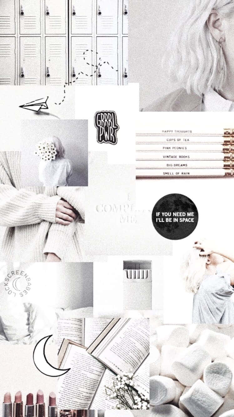 White Aesthetic Collage 桌布 壁紙 — 柔和單色拼貼畫，包含儲物櫃、書籍、棉花糖和一位白髮人物，營造舒適夢幻的美感。