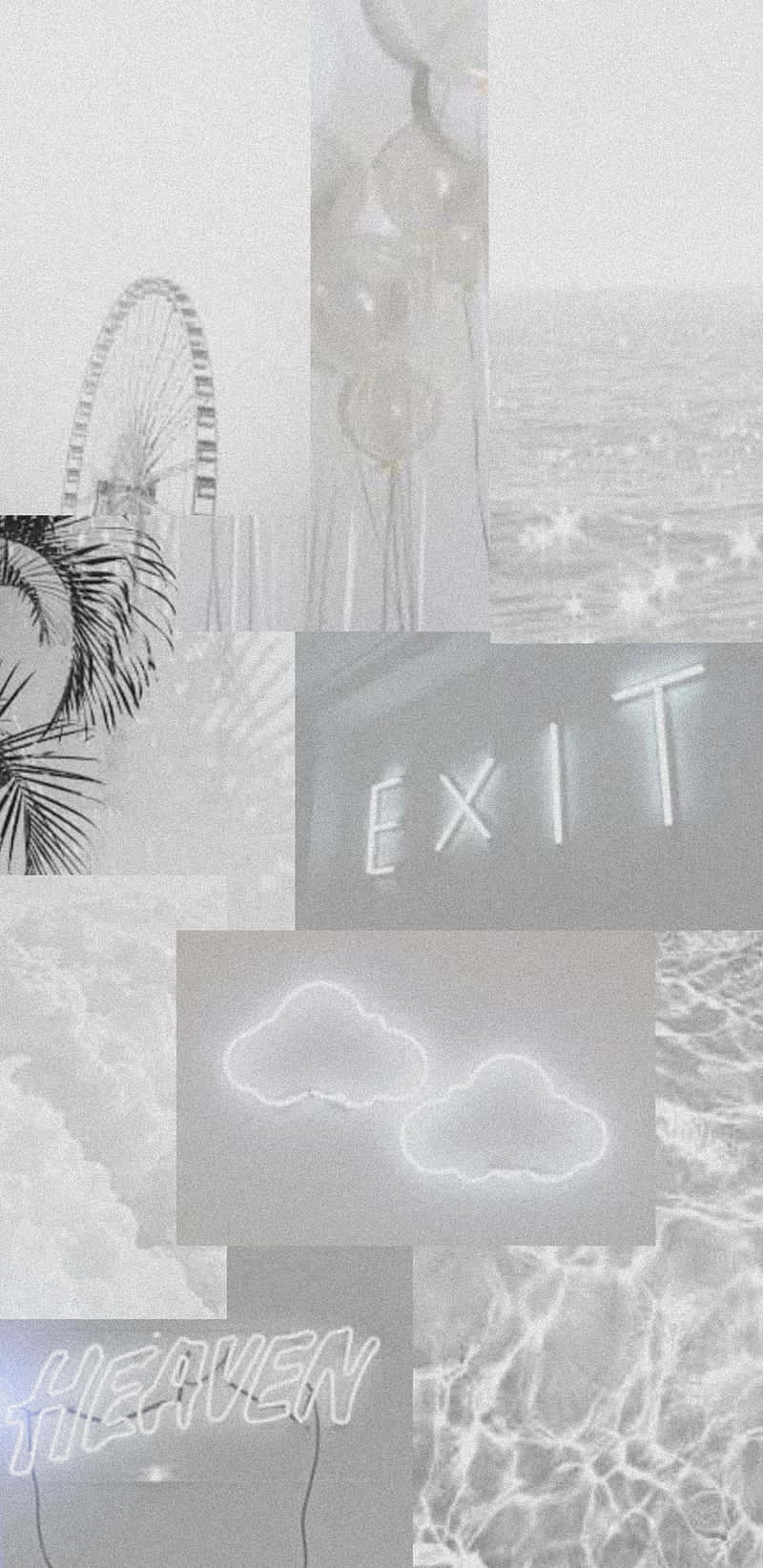 Soft White Aesthetic 桌布 壁紙 — 柔和單色拼貼畫，包含霓虹燈、水波紋和摩天輪，營造夢幻都市逃離氛圍。