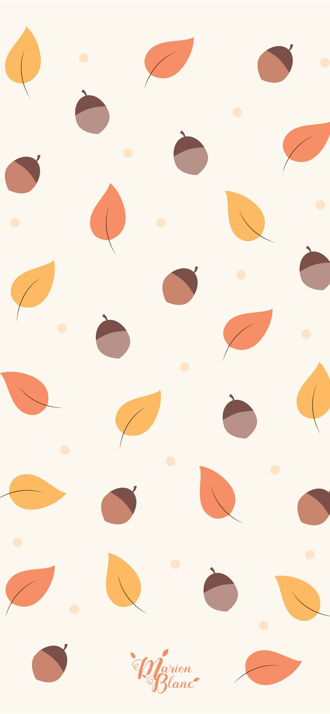 Cute Pattern iPhone 桌布 壁紙 — 柔和圖案，散落的秋葉和橡果，以溫暖的橙黃棕色調，襯上奶油色背景。