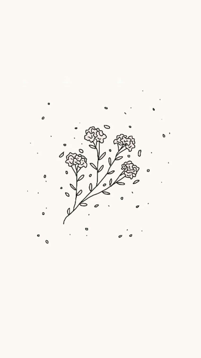 Tumblr White 桌布 壁紙 — 柔和奶油色背景上，帶有散落花瓣的精緻花枝的極簡線條畫。