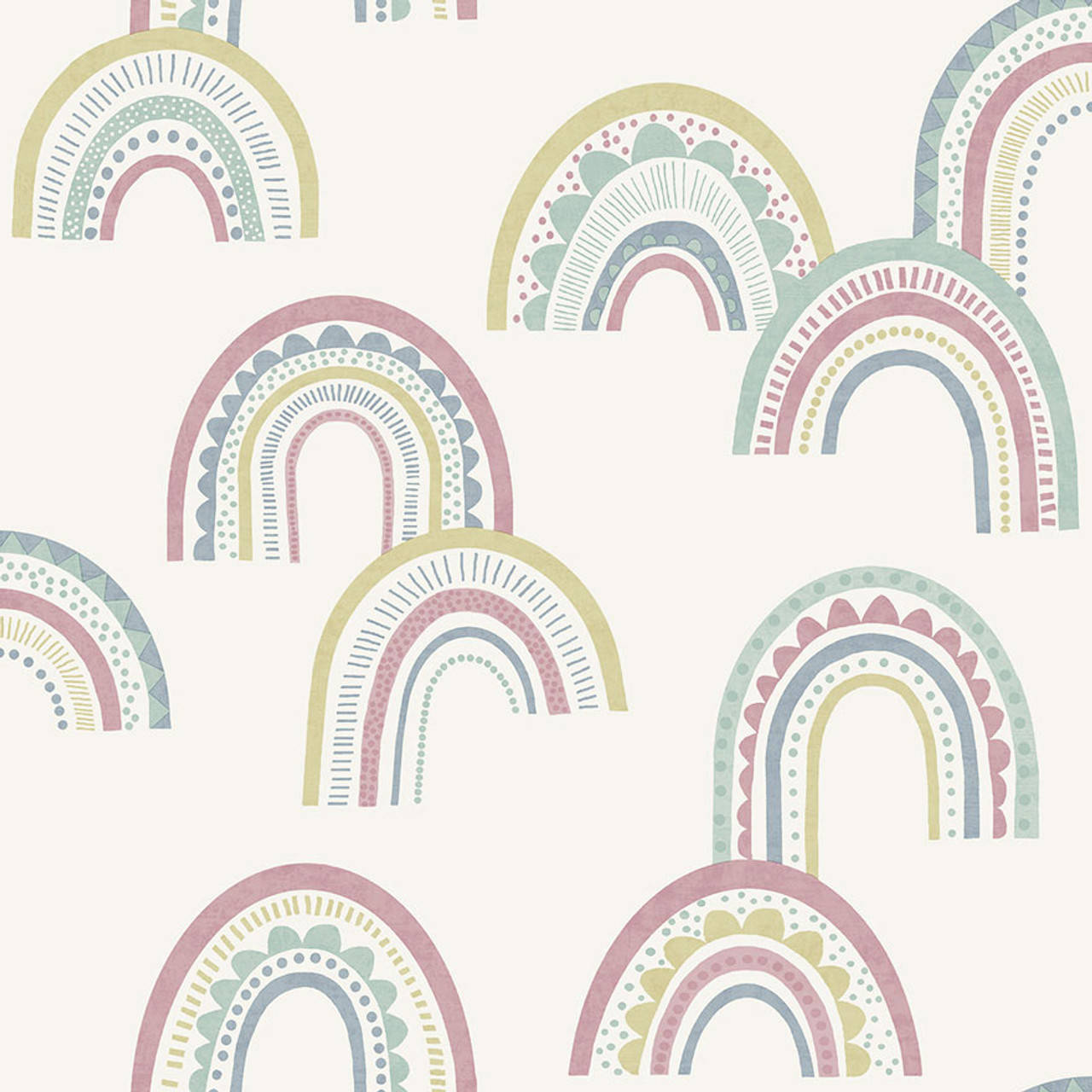 Boho Rainbow 桌布 壁紙 — 柔和奶油色背景上重複出現帶有幾何圖案的粉彩色風格化彩虹。