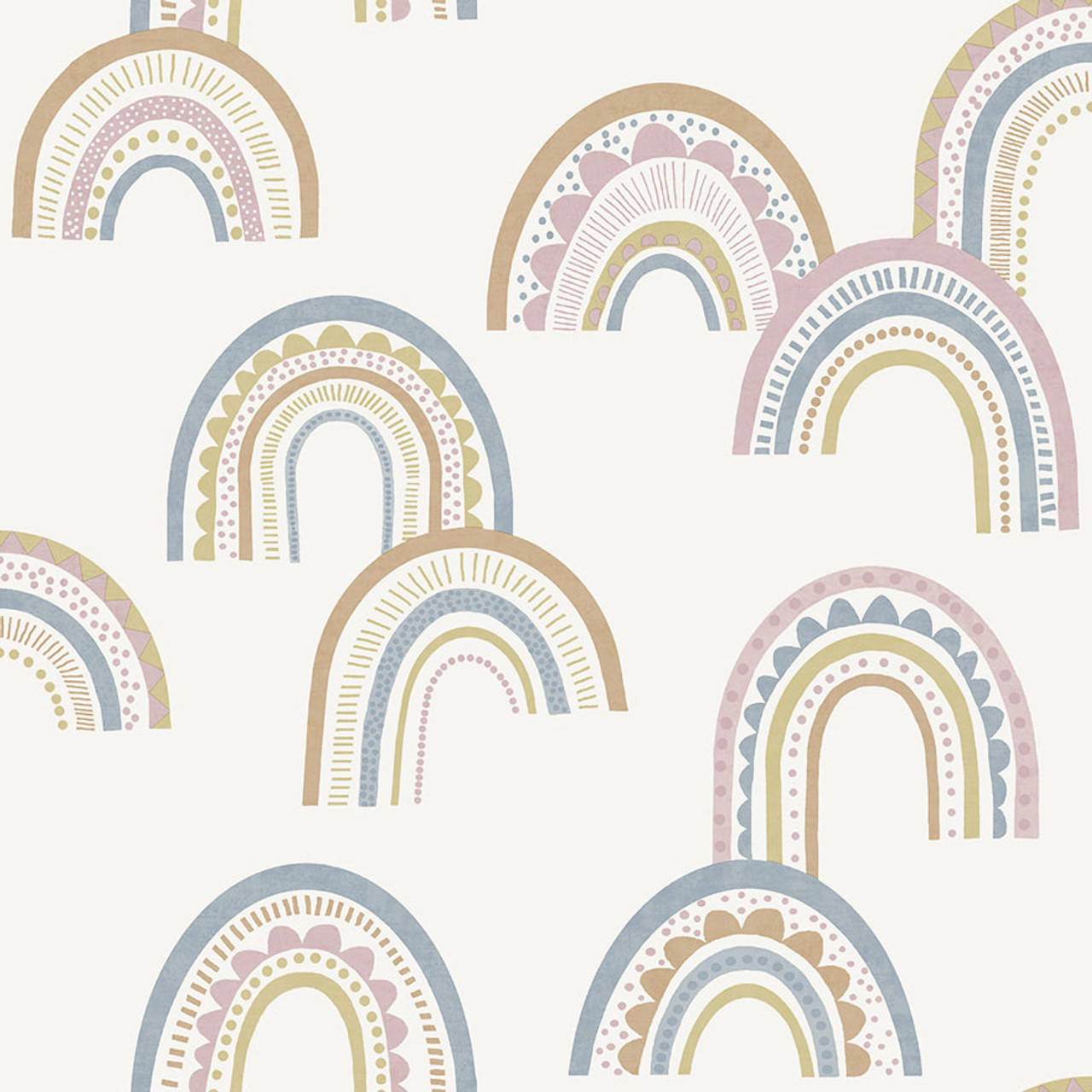 Boho Rainbow 桌布 壁紙 — 柔和奶油色背景上重複出現帶有裝飾圖案的粉彩風格彩虹。