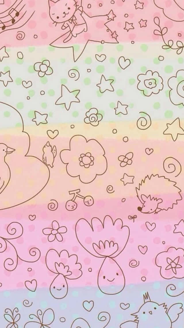 桌布 壁紙 — 柔和彩虹條紋，飾以可愛的輪廓動物、花朵和星星，充滿奇思妙想的卡哇伊風格。