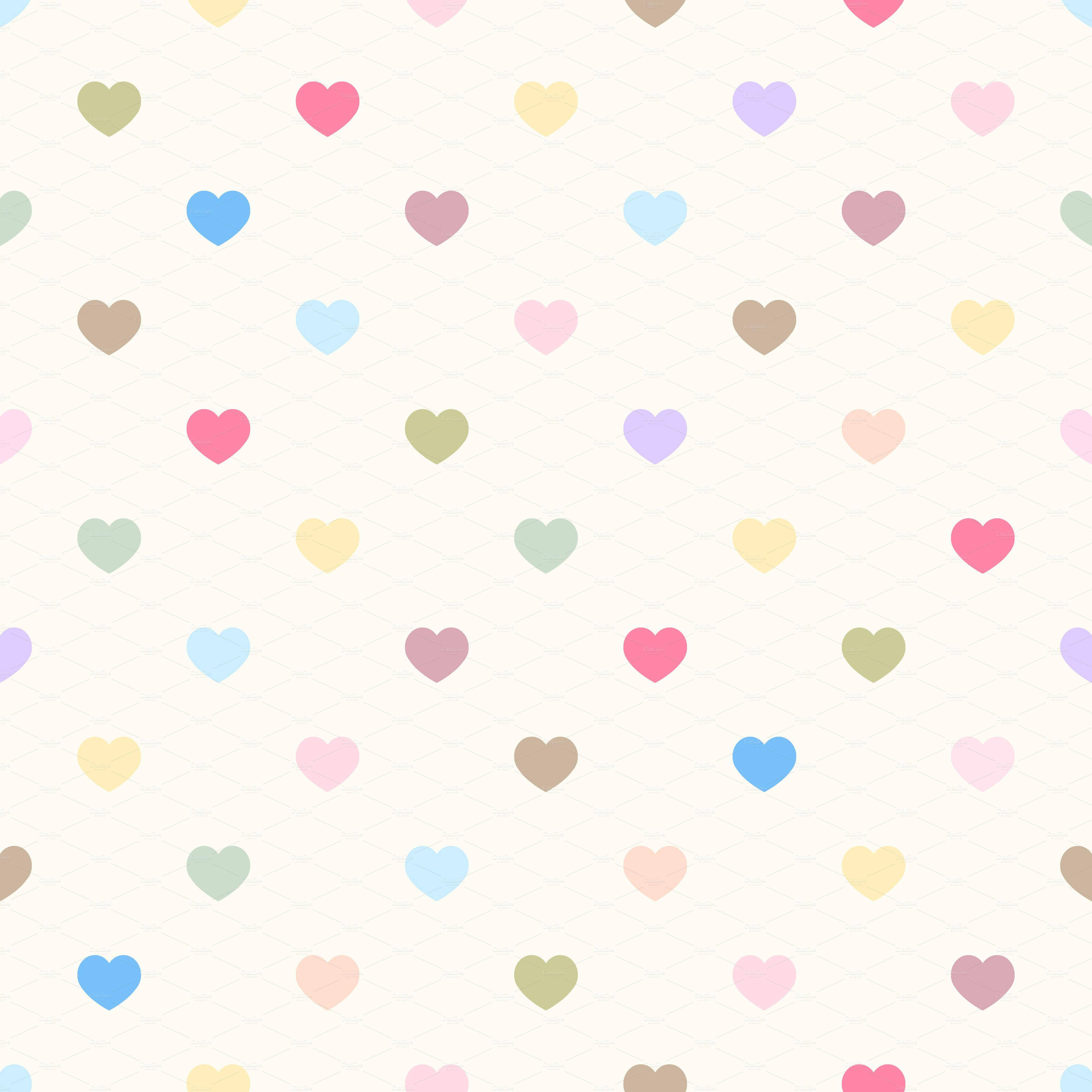Cute Heart 桌布 壁紙 — 柔和彩虹色調的粉彩心形漂浮在帶有微妙菱形網格紋理的奶油色背景上。