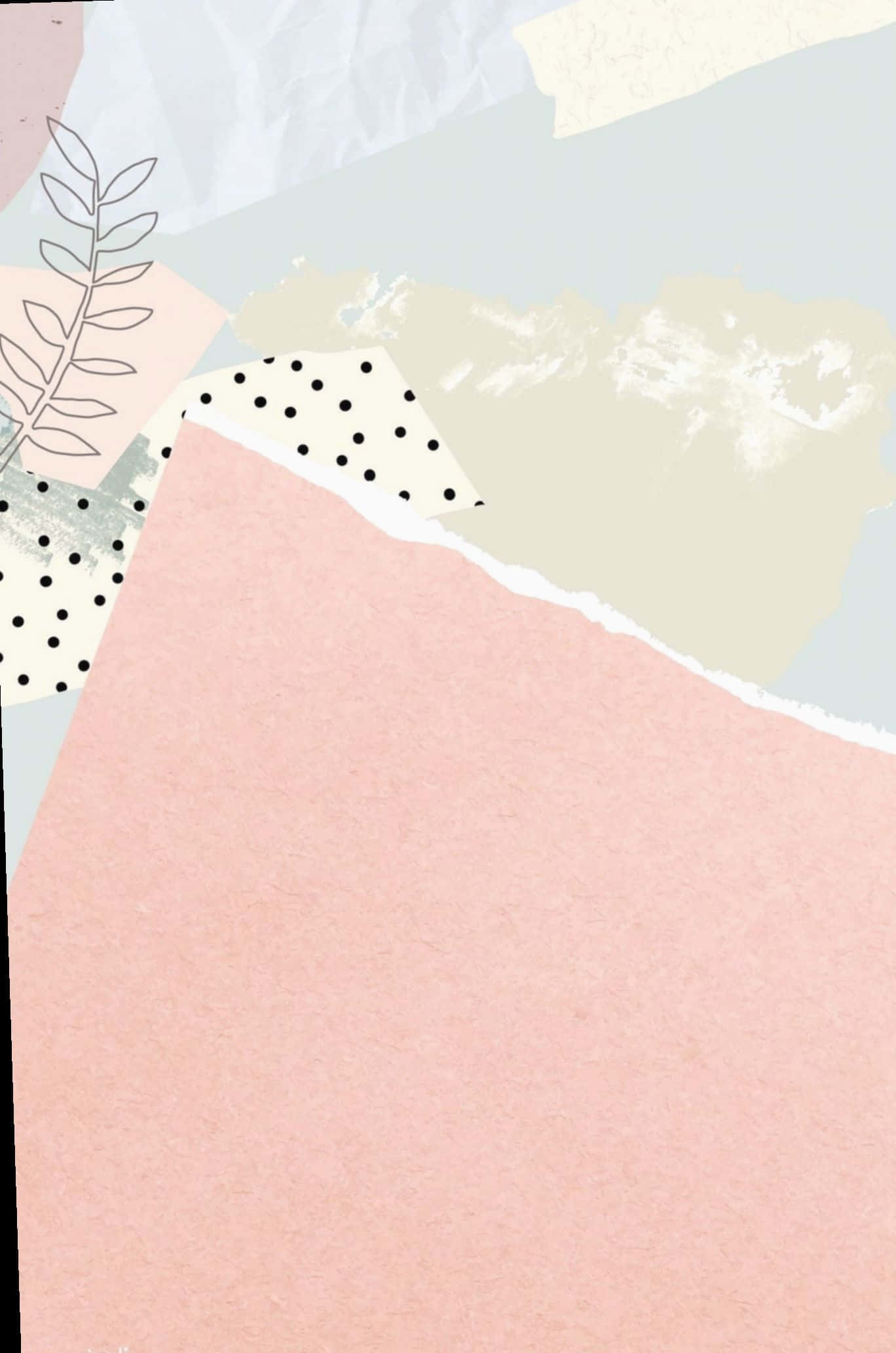 Pastel Minimalist 桌布 壁紙 — 柔和抽象拼貼畫，以粉彩紙層搭配波點和葉子剪影。