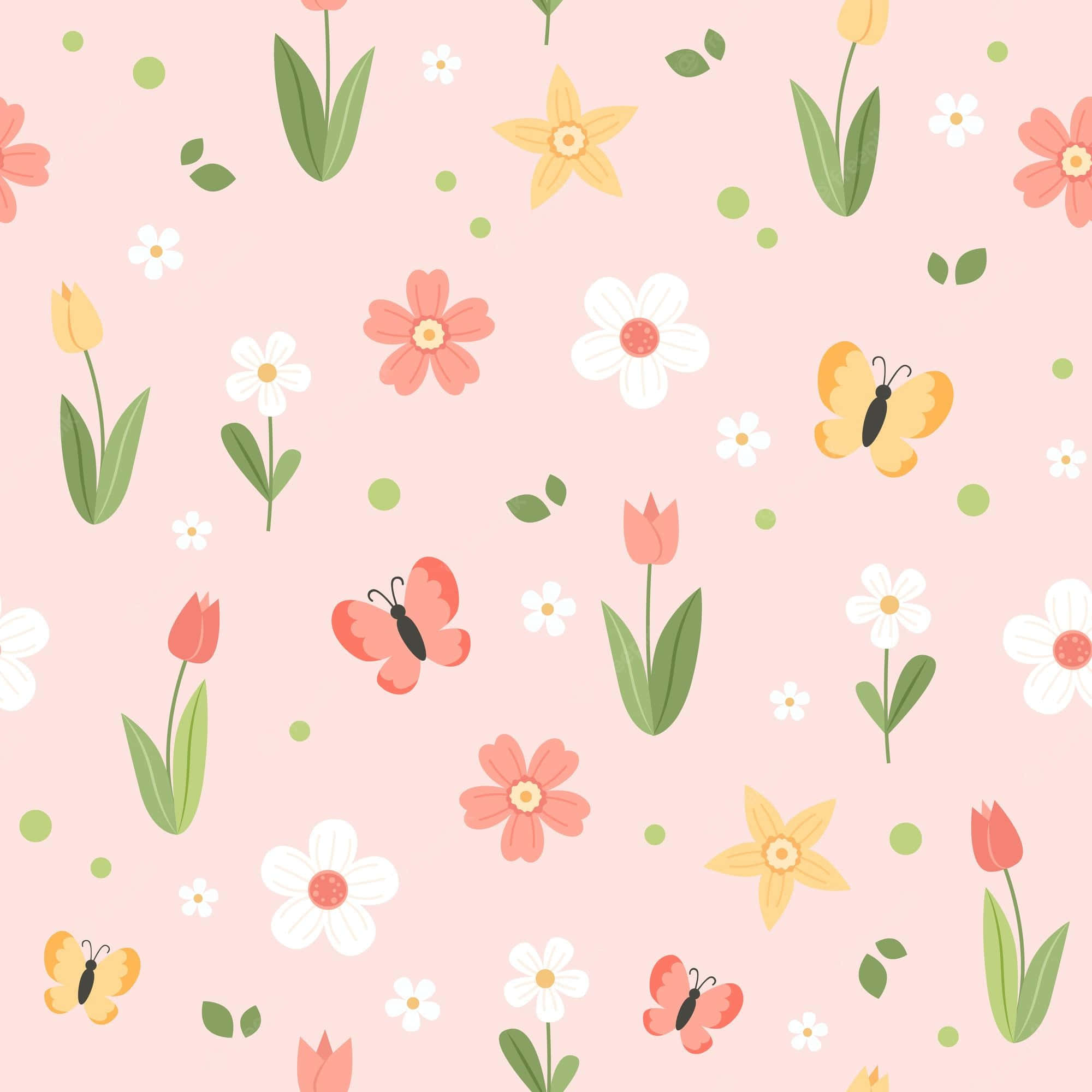 Cute Flower 桌布 壁紙 — 柔和春日色彩中散落花朵和蝴蝶的粉紅色壁紙圖案。