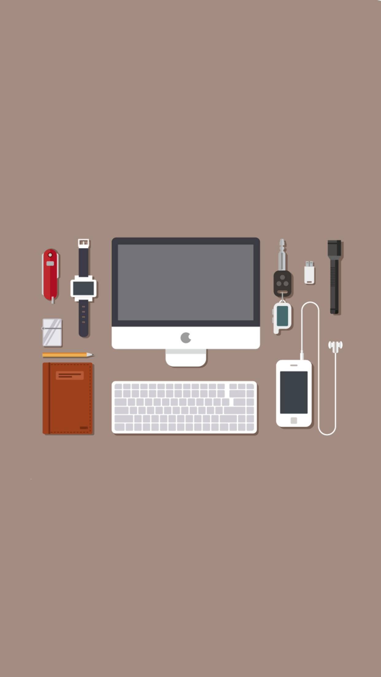 極簡 iPhone 桌布 壁紙 — 柔和棕色背景上，配備 iMac、鍵盤、電話及配件的現代科技工作空間的極簡平面設計插圖。
