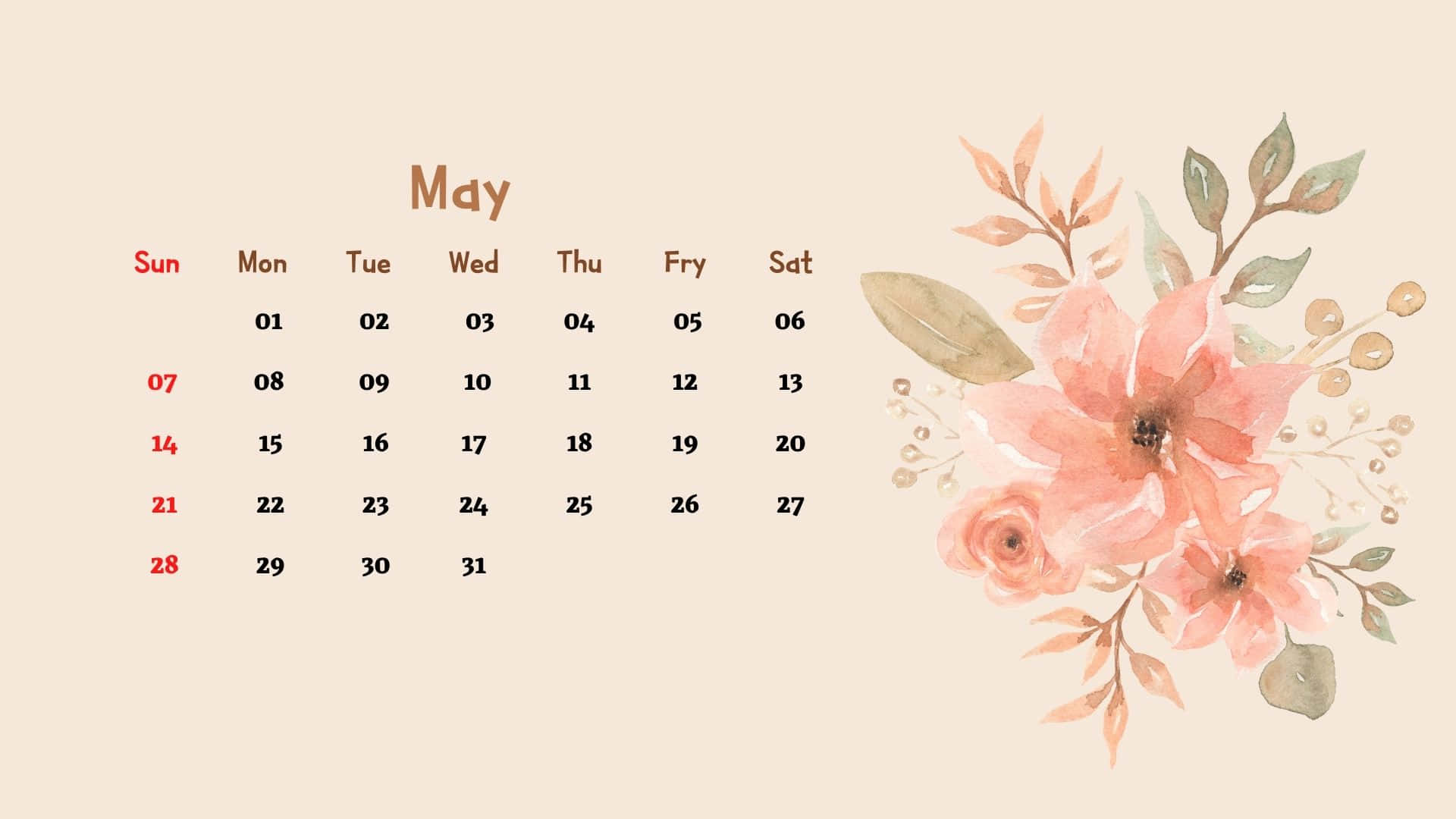 May 2023 Calendar 桌布 壁紙 — 柔和水彩五月月曆，以蜜桃花和綠葉點綴在米色背景上。
