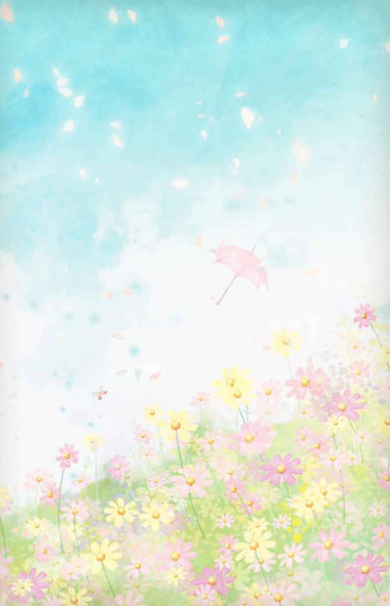 Telegram 桌布 壁紙 — 柔和水彩畫風的粉紅與黃色雛菊花田，襯以粉藍色天空，並有一把漂浮的粉紅色雨傘。