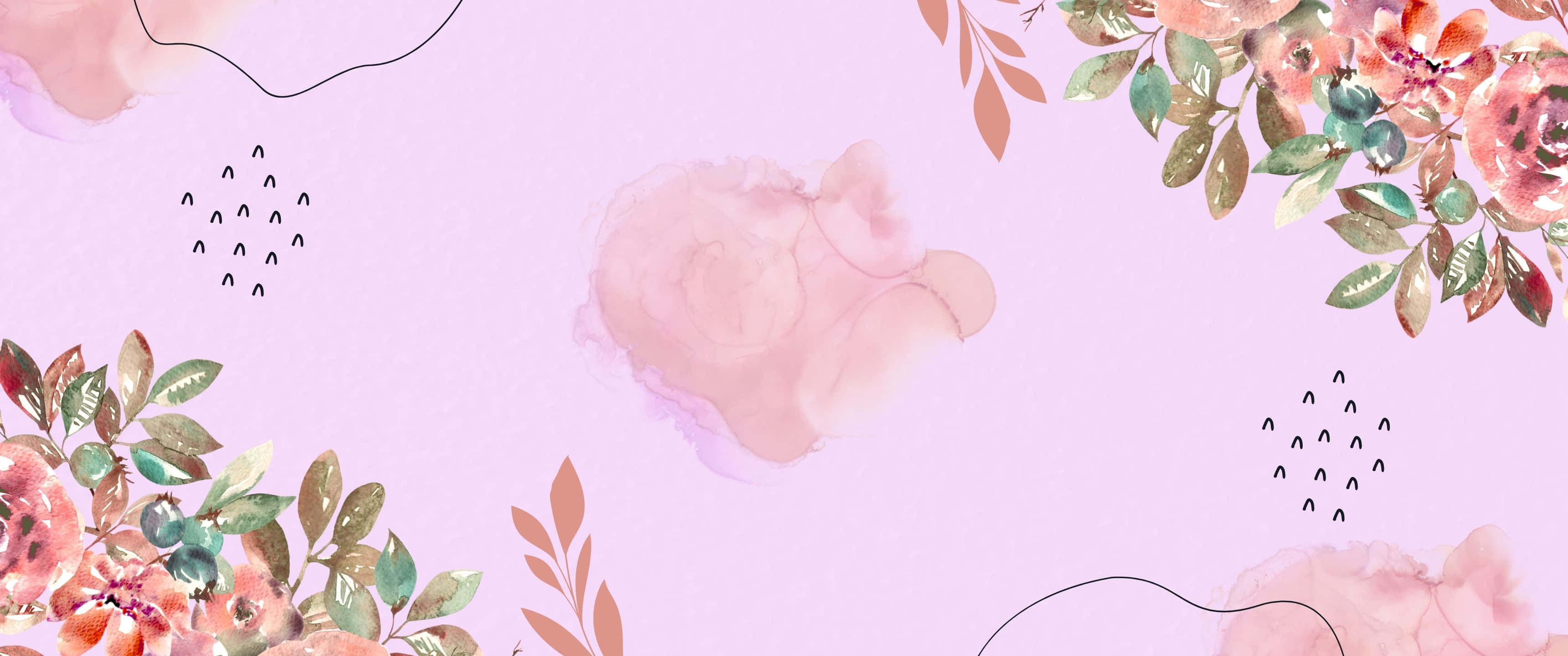 3440x1440 桌布 壁紙 — 柔和水彩花卉佈置，帶有蜜桃粉紅花朵和綠葉，背景為粉彩薰衣草色。