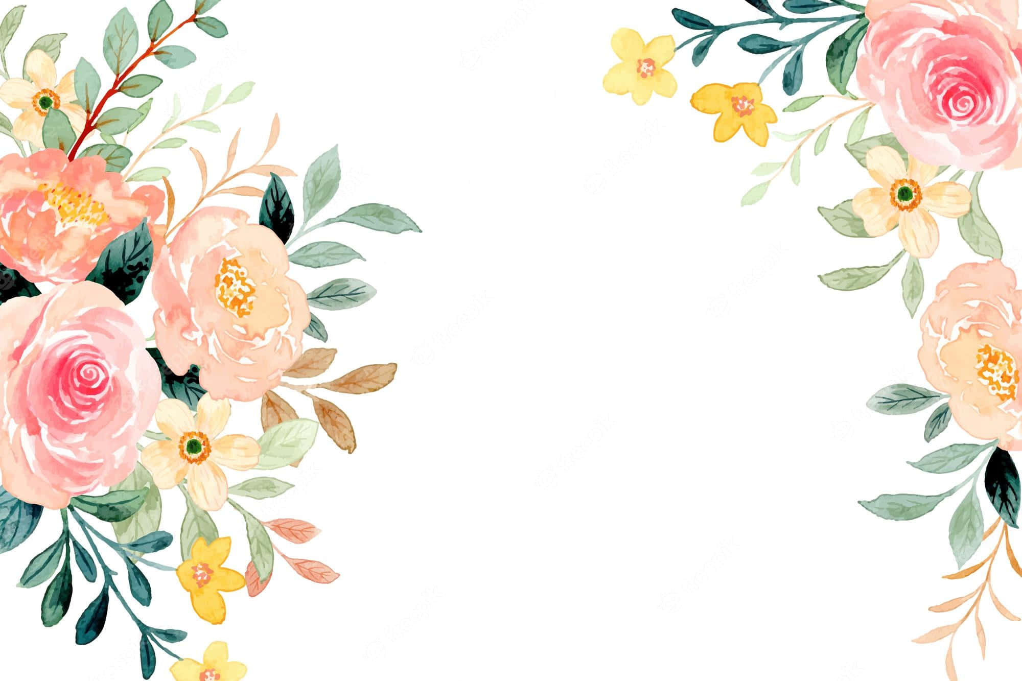 Watercolor 桌布 壁紙 — 柔和水彩花卉角落，帶有粉紅玫瑰、黃色花朵和綠色葉子，白色背景。