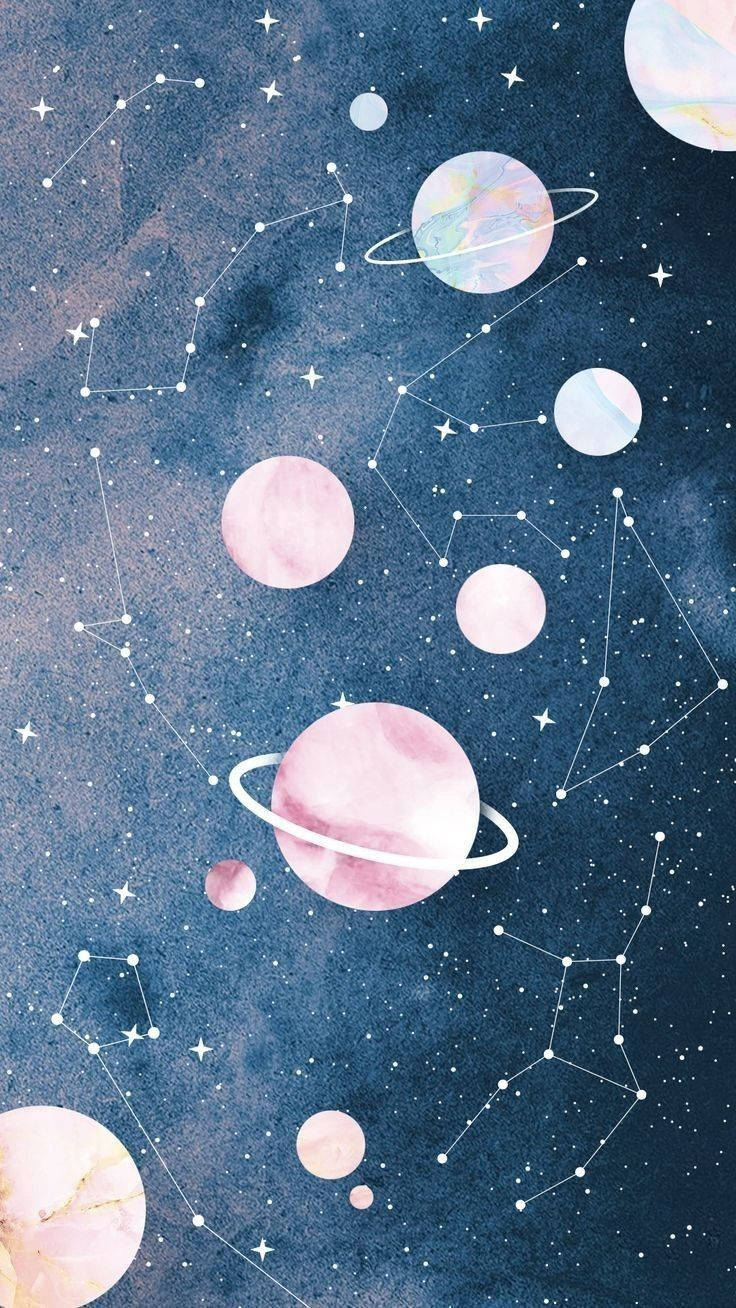 太空美學動圖 桌布 壁紙 — 柔和水彩質感的夢幻宇宙天空中，漂浮著粉彩行星和星座。