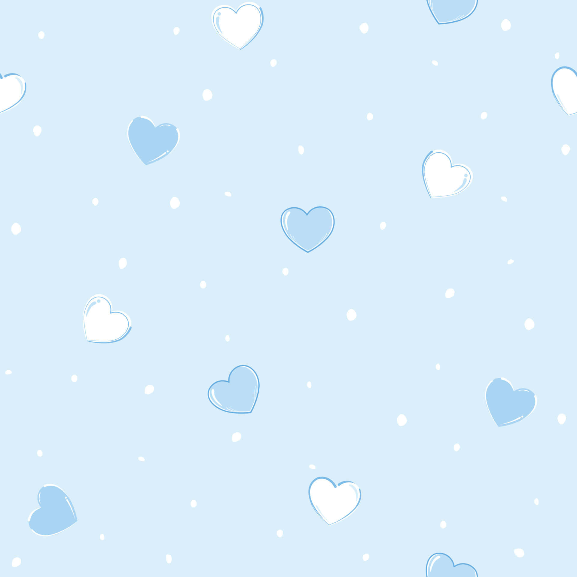 Cute Blue 桌布 壁紙 — 柔和淺藍色背景，散落著精緻的白色和淺藍色心形及細小圓點。