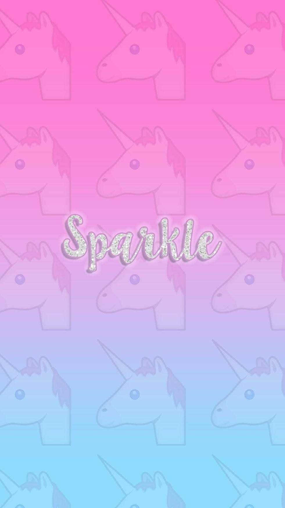 Pastel Unicorn 桌布 壁紙 — 柔和漸層壁紙，帶有重複的獨角獸頭和閃閃發光的閃爍文字。