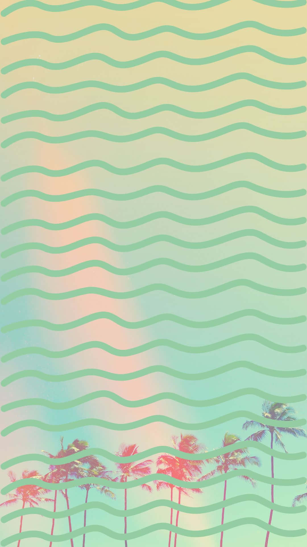 Palm Trees Beach 桌布 壁紙 — 柔和漸變波浪覆蓋熱帶棕櫚樹，形成風格化的數位桌布。