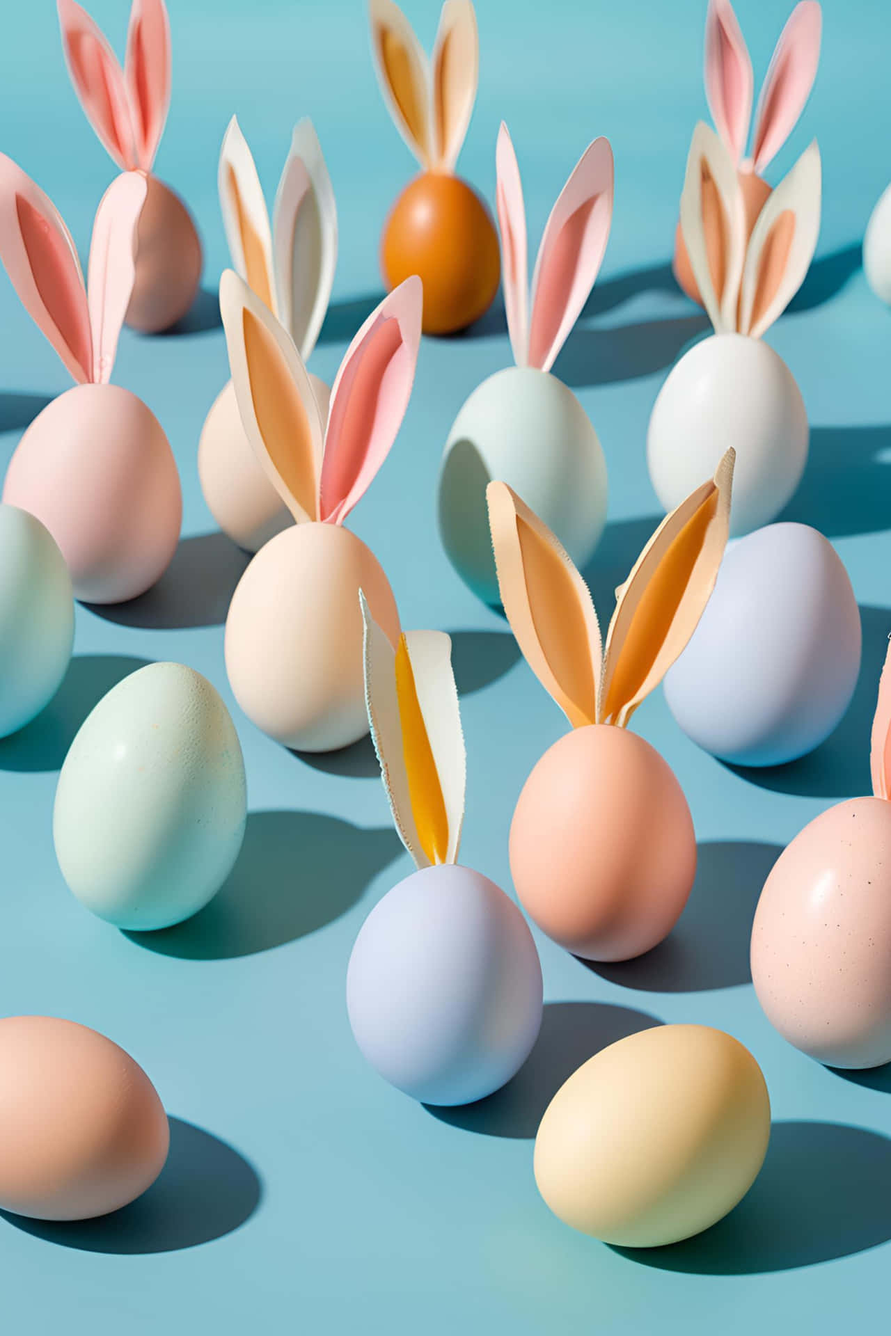 Vertical arrangement of pastel-colored Easter eggs and cute bunny ears on a soft blue background. 壁紙 — 柔和燈光下，淺藍色表面上擺放著帶有紙兔耳朵的粉彩蛋。