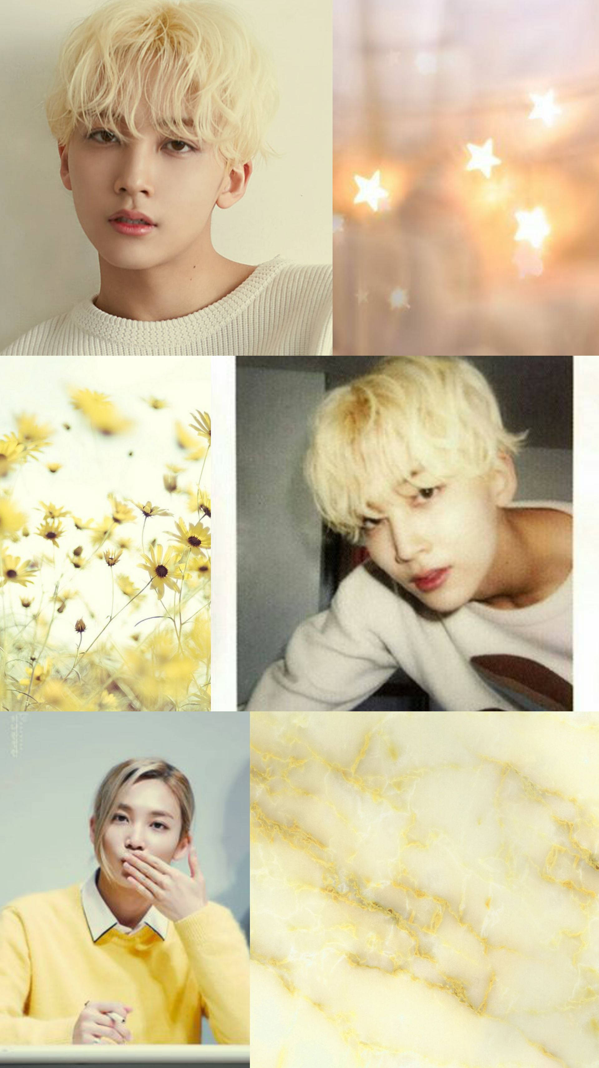 yoon jeonghan 桌布 壁紙 — 柔和燈光下金髮年輕男子與黃色花卉及閃爍星形散景的拼貼畫。