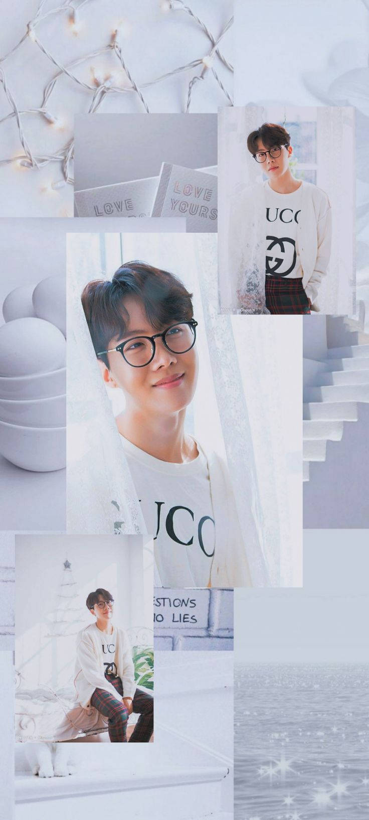Bts Aesthetic 桌布 壁紙 — 柔和白色拼貼畫，展示一位戴眼鏡的年輕男子穿著品牌T恤，置身於燈串和簡約裝飾中。